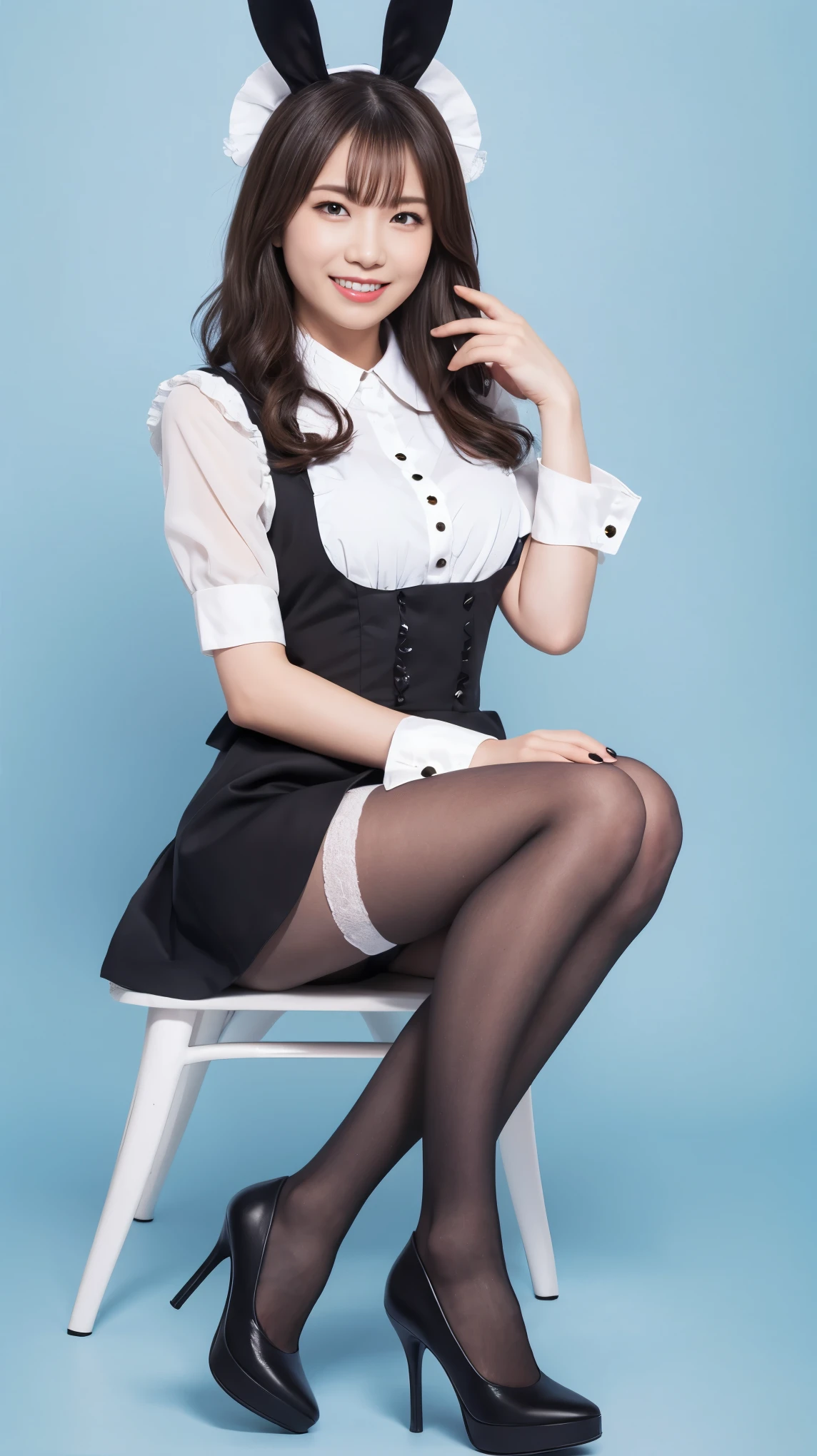 Bunny girl in a light blue maid outfit:1.5，Wearing black tights:1.5，The best smile:1.5，Full Body Shot:1.5，Gray background:1.5，Wearing black high heels:1.5，Sit with your legs apart:1.5，