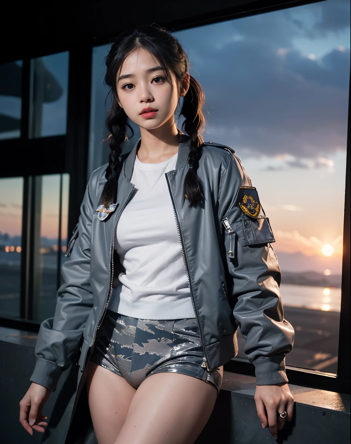 Mastepiece、(Raw Photos:1.2)、(Photorealistic:1.4)、High detail、The ultimate beautiful girl、A beautiful face、Beautiful detailed girl、Very detailedな目と顔、Beautiful detailed eyes、Ridiculous、Ridiculous appearance、信じられないほどRidiculous、Huge file sizes、Super detailed、High resolution、Very detailed、highest quality、masterpiece、((Late night airport))、((Air base at night))、(Air Force Base Background)、(Closed due to storm)、((Realistic 5th generation fighter jets))、((Office Lady Uniform))、((Air Force Uniform))、(((gray flight jacket)))、(Camouflage pattern backpack)、((pilot))、((Twin tail hair))、(Braided Pigtails)、An illustration、Ticker、Unity、8k wallpaper、Amazing、Fine details、masterpiece、highest quality、Very detailedな、Ticker、uniform、8k wallpaper、18-year-old、1 Female、(Pantiesーなし)、(Camel Toe)、(half)、(Panties)、(barefoot)、(Are standing)