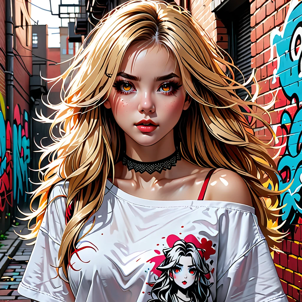ultra realistic 8k cg, masterpiece, ((ultra detailed background, delicate pattern, intricate detail)), best quality, intricate details, chromatic aberration, 1girl, long hair, golden hair, messy hair, red highlights, hair over one eye, sharp eyes, choker, brick wall, graffiti, dim lighting, alley, oversized shirt,off shoulder, see through white shirt, Masterpiece, best quality