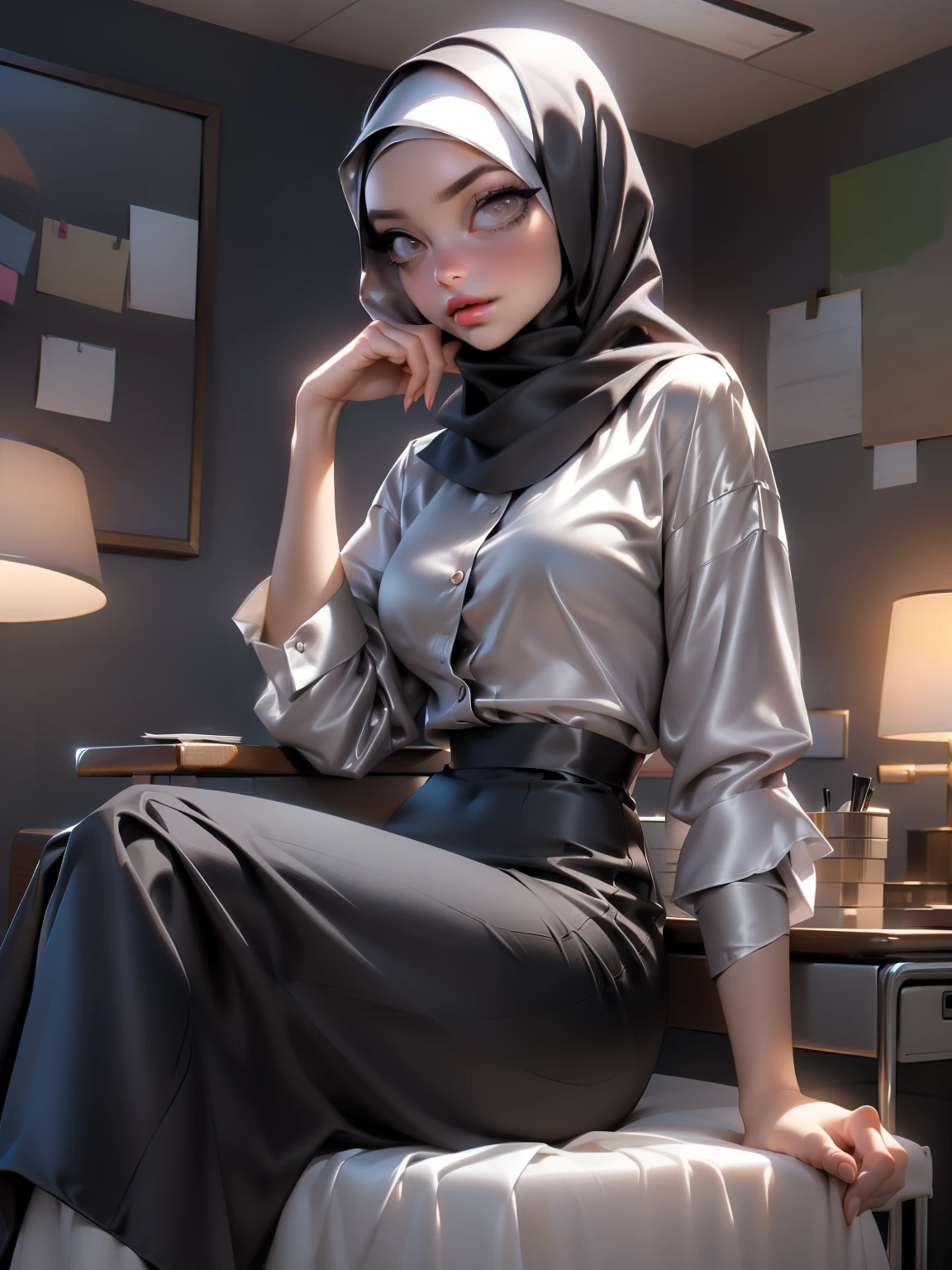 ((Masterpiece, best quality, photography, detailed skin, realistic, photo-realistic, 8k, highly detailed, full length frame, High detail RAW color art, diffused soft lighting, shallow depth of field, sharp focus, hyperrealism, cinematic lighting, hijab, a woman in a beautifully makeup, smokey eyeshadow, beautiful big eyes, long eye lashes, wearing (Dark pewter satin hijab), loosely tide hijab style, ((gray satin shirt)), satin long maxi skirt, sitting on office chair
