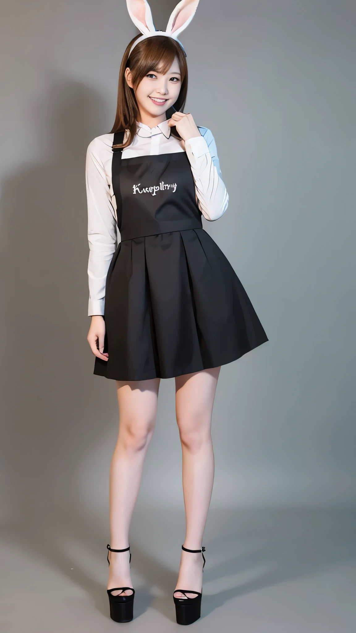 Bunny girl working at maid cafe:1.5,The best smile:1.5,Full Body Shot:1.5,Gray background:1.5,Wearing black high heels:1.5,squat:1.5