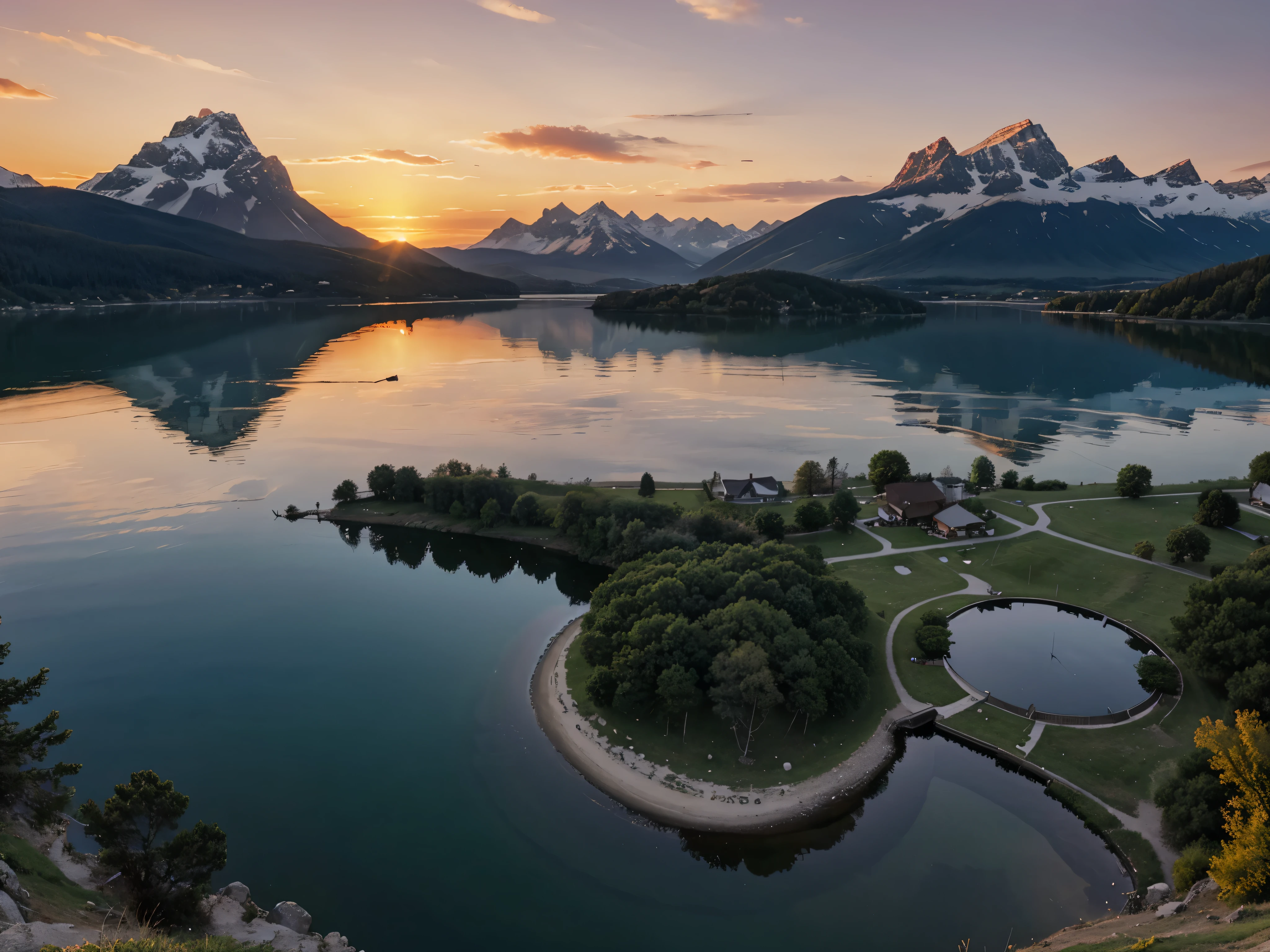 A view of a sunset over a lake and mountains