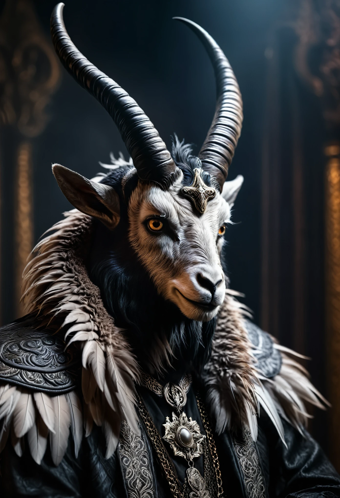 Baphomet, fur, feathers, metal, leather, damask fabric, top soft light, dark environment, highly detailed, melancholic, soft light, hyper clean stroke, half body portrait, highly detailed, photo realistic, cinematic, movie still, captured in the style of Sony Alpha A7 III camera