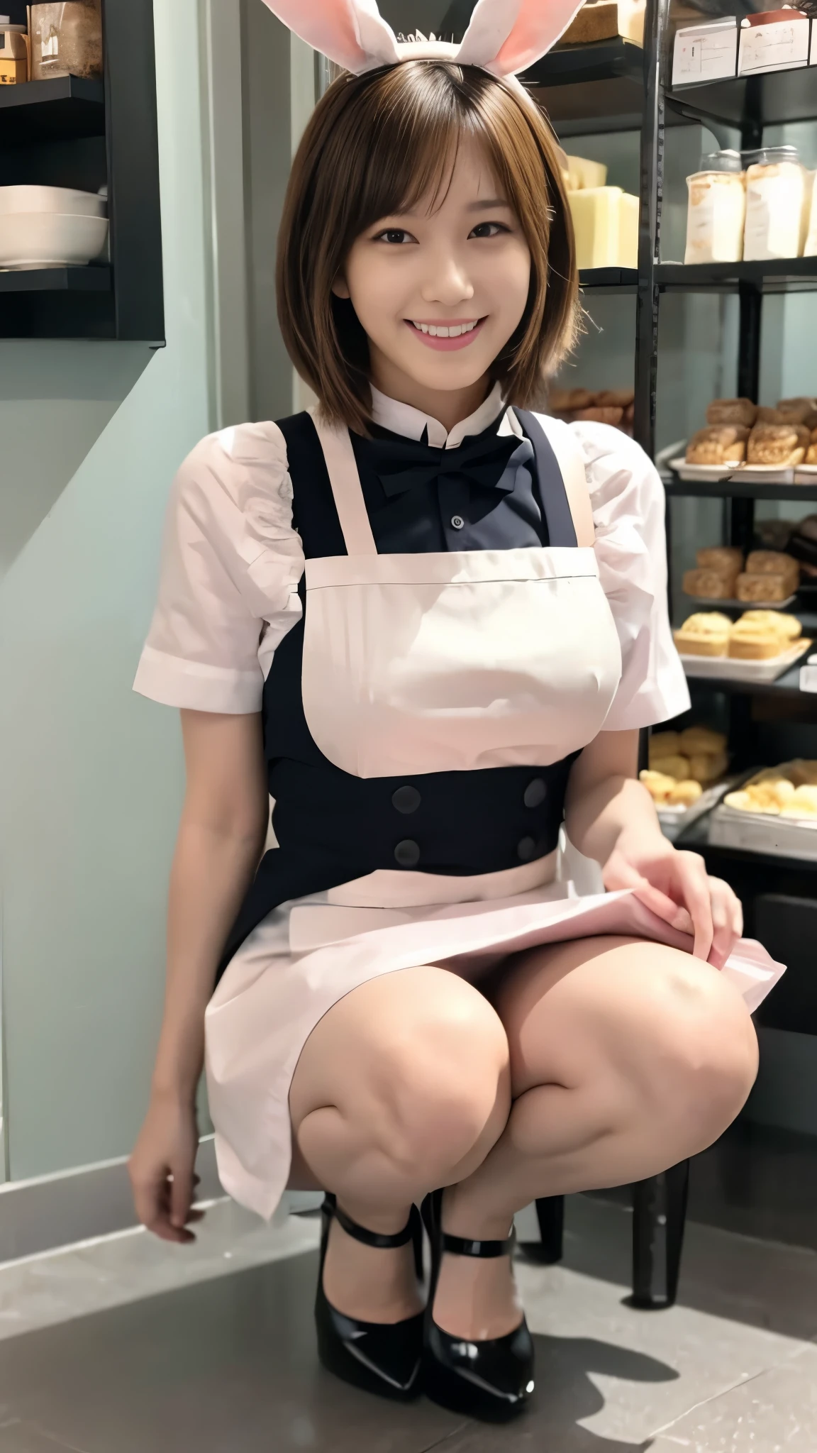 A bunny girl in a light pink maid outfit working at a maid cafe:1.5,The best smile:1.5,Full Body Shot:1.5,Gray background:1.5,Wearing black high heels:1.5,Brown hair, short cut, side wavy:1.5,Honda Tsubasa:1.5,squat:1.5