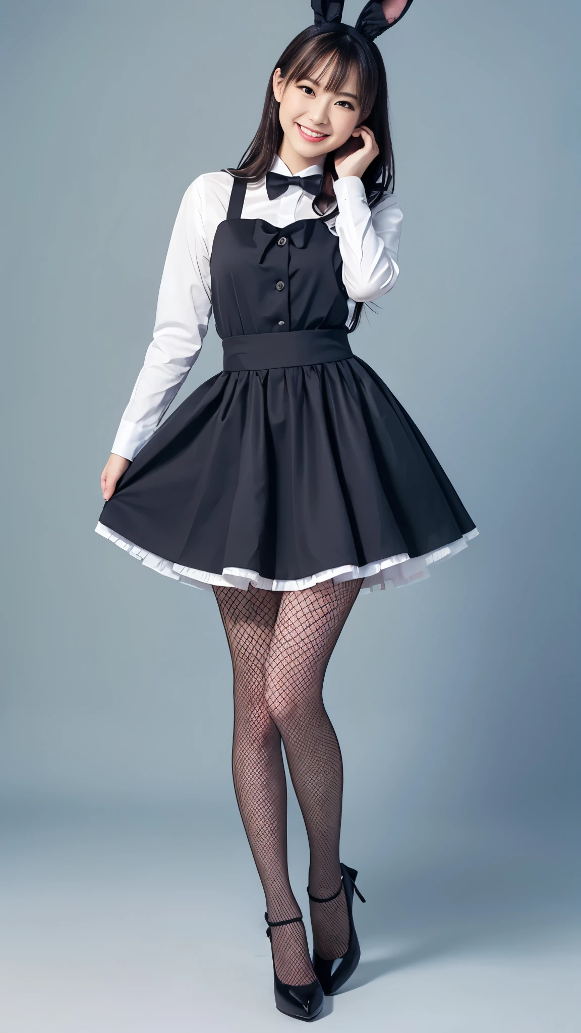 Bunny girl in maid costume:1.5,Wearing light blue fishnet tights:1.5,The best smile:1.5,Full Body Shot:1.5,Gray background:1.5,Wearing black high heels:1.5,Holding the skirt in the hands:1.5