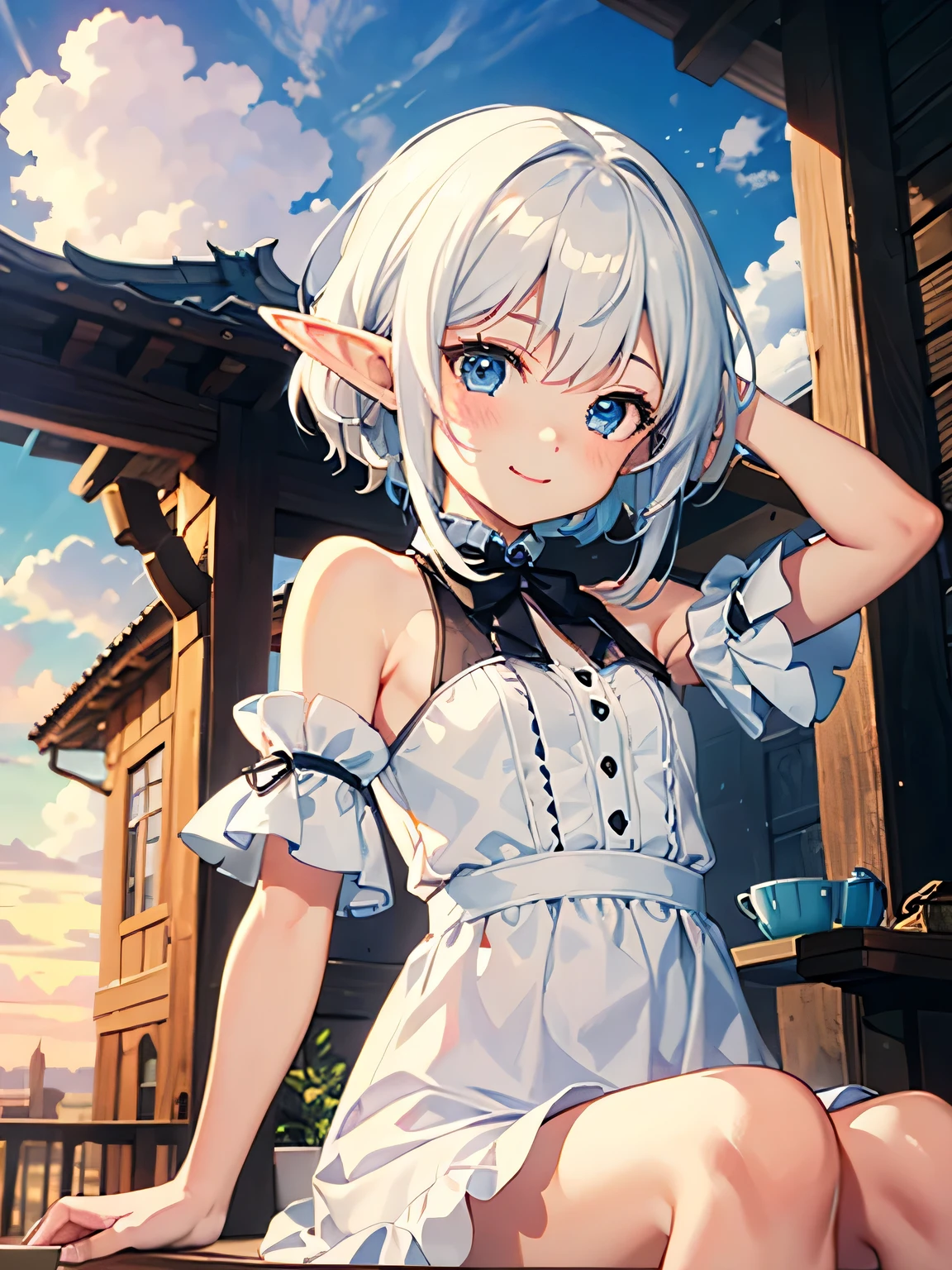 Masterpiece, best quality, high quality, very detailed CG uniform 8k wallpaper, sunset, sunlight, low saturation, shiny hair, temple, beautiful sky, clouds, 1girl, ten years old girl, chibi, elf, baby face, cute face, beautiful face, blush, smile, short white hair, blue eyes, white dress no sleeves, armpit, thigs, sitting