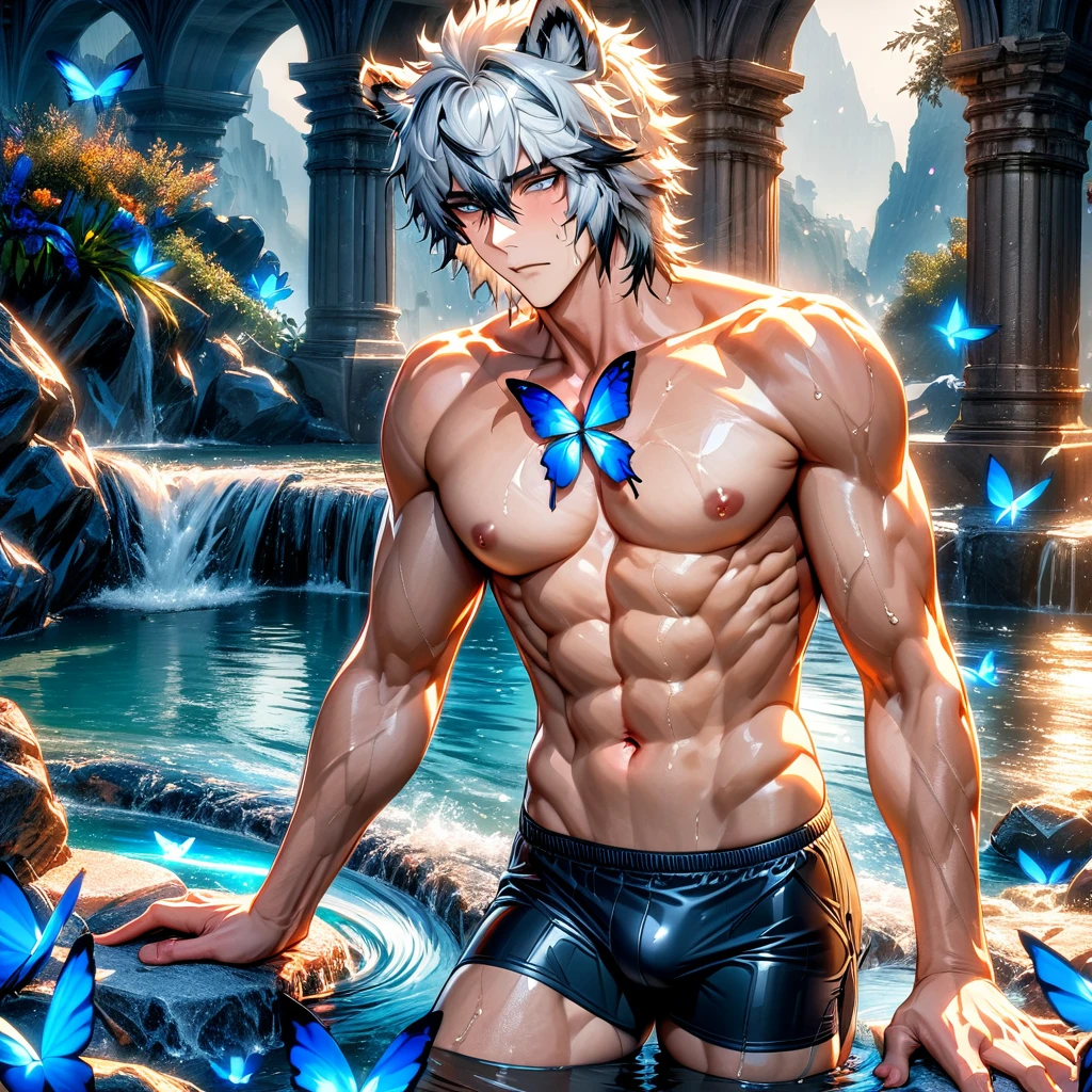 absurdres, highres, ultra detailed, HDR, master piece, best quality, perfect face, Silverash, white hair with black streaks, short hair, expressive gray eyes, Arknights, white tiger ears, solo, sexy man, handsome, toned chest, horny, sensual, erotic, black boxers, water, blue flowers, blue butterflies