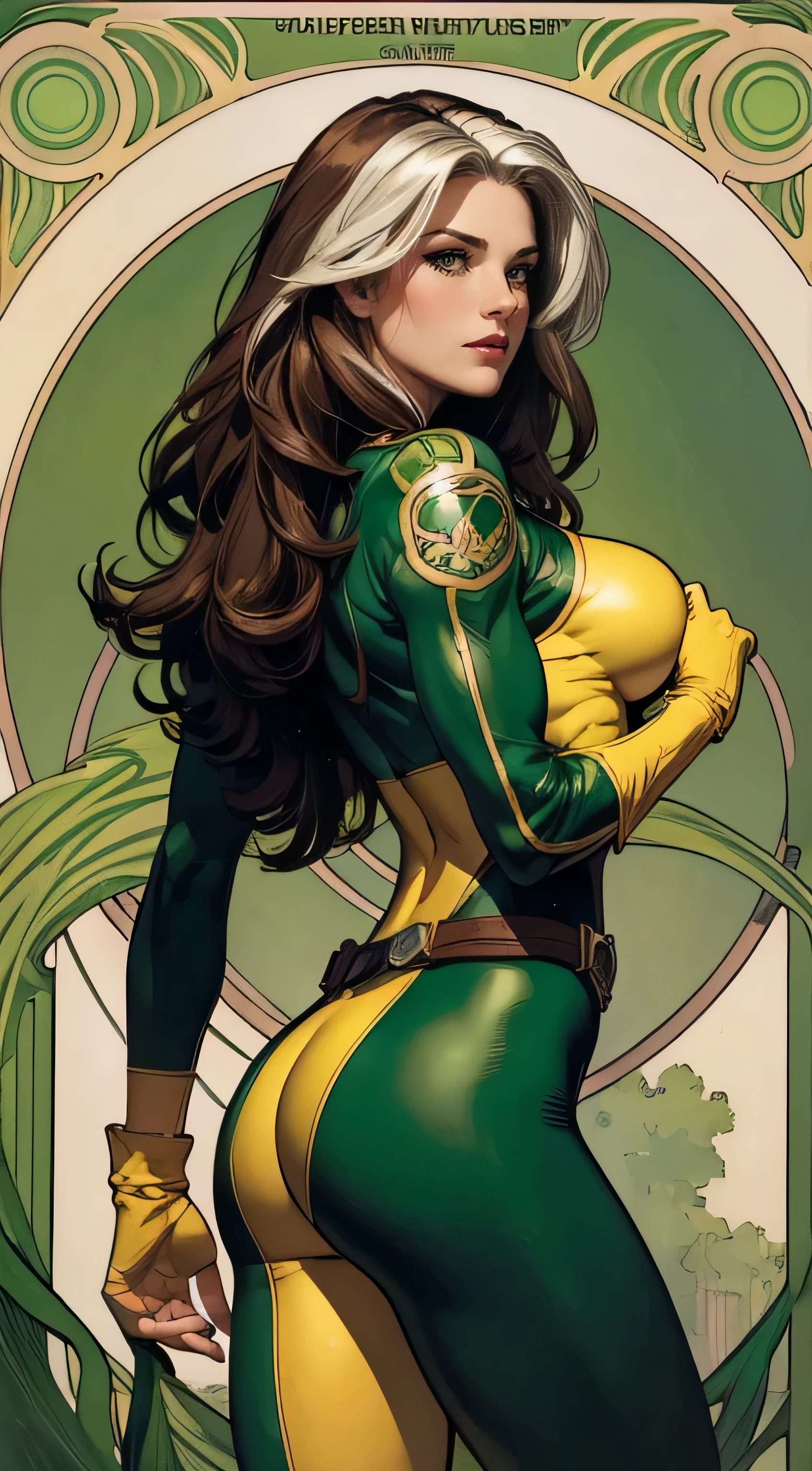 (masterpiece:1.0), (best_quality:1.2), Classic Rogue, 1991 Rogue X-Men, 1 girl, Only 1, back view, big butt, medium length hair, brown hair, wavy hair, messy hair, one lock of white hair, green eyes, mischievous look, smirking, fit figure, curvy figure, medium breasts, lipstick, makeup, jacket, green headband, belt, yellow gloves, skin tight bodysuit, open jacket, light source from above, (realism: 1.5), (Realistic: 1.4), (Absurdity:1.4), 8k, ultra-detailed, Detailed Beautiful Woman, (Art Nouveau style), influence by John William Waterhouse and Alphons Mucha, circles, banners, background colors: green, gold, yellow, white, beige
