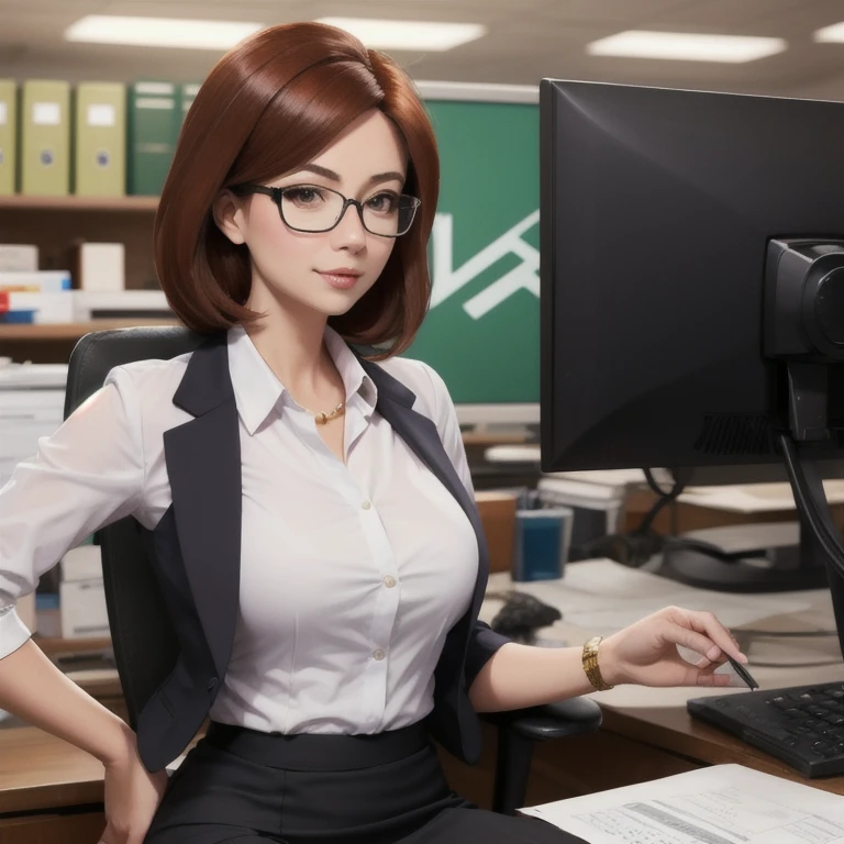 Beautiful business woman in official unbuttoned dress, real person, detailed body, live action, glasses, short skirt, office lady, futurama style