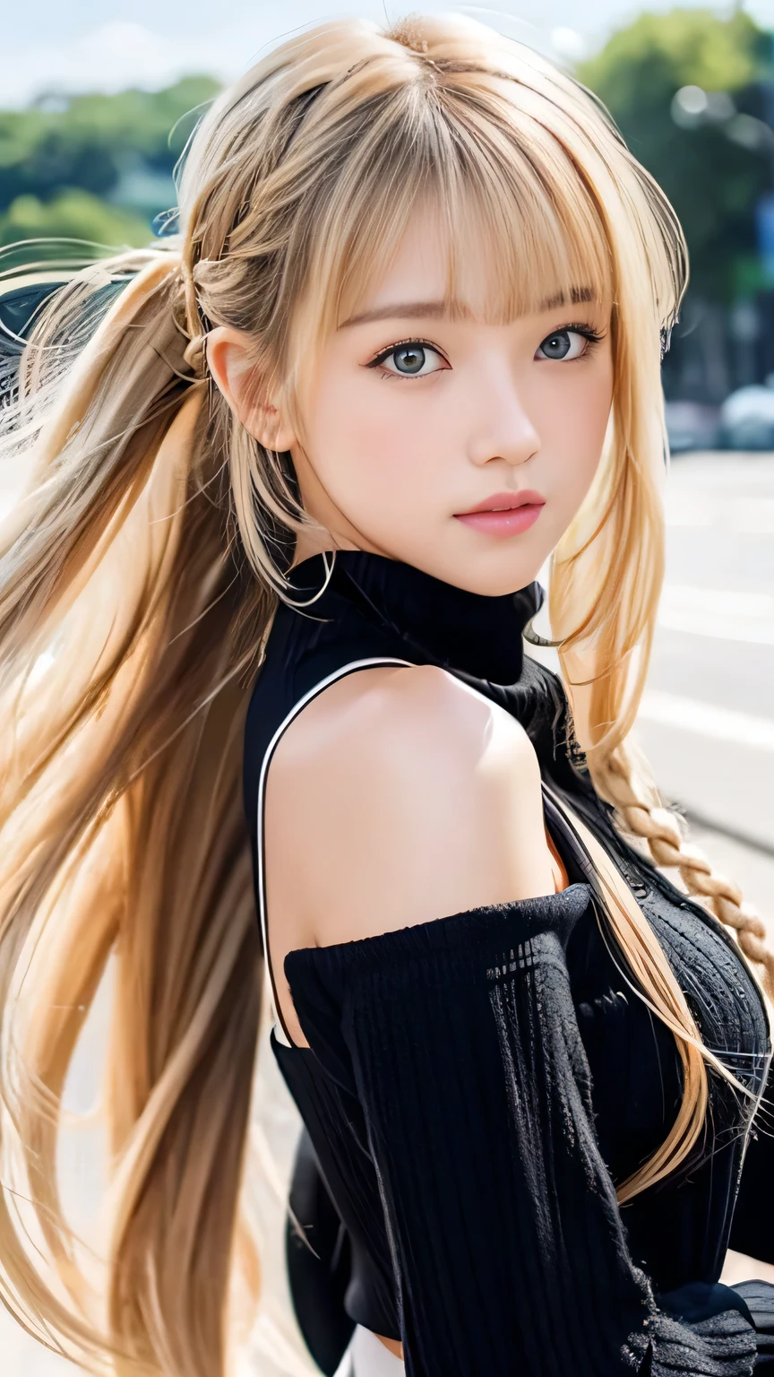 Sexy Big 、Sexy cute looks and cute beautiful girl, beautiful and sexy face、A strong wind blows my hair in front of my face、beautiful long blonde French braided hair、beautiful, Cute and sexy eyes hidden behind long bangs