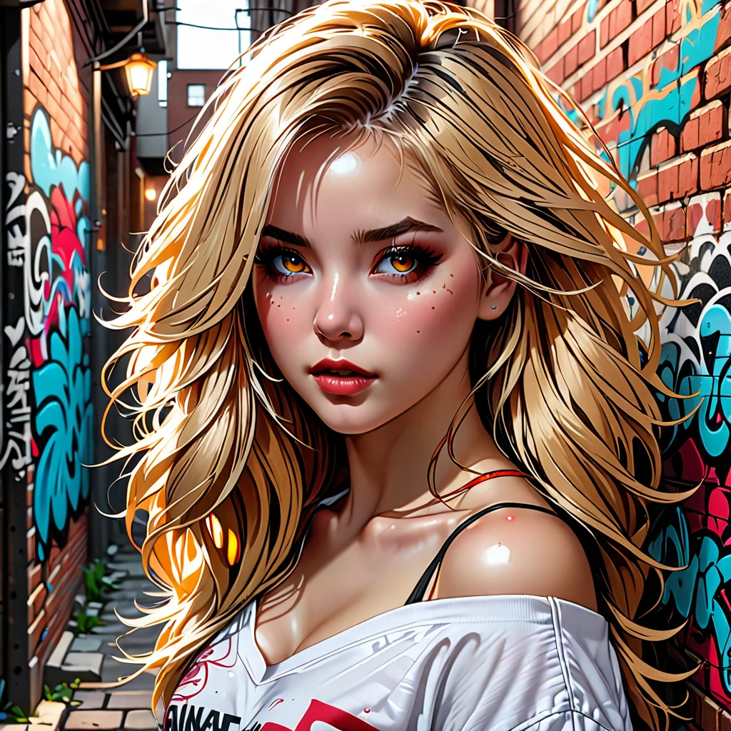 ultra realistic 8k cg, masterpiece, ((ultra detailed background, delicate pattern, intricate detail)), best quality, intricate details, chromatic aberration, 1girl, long hair, golden hair, messy hair, red highlights, hair over one eye, sharp eyes, choker, brick wall, graffiti, dim lighting, alley, oversized shirt,off shoulder, see through white shirt, Masterpiece, best quality