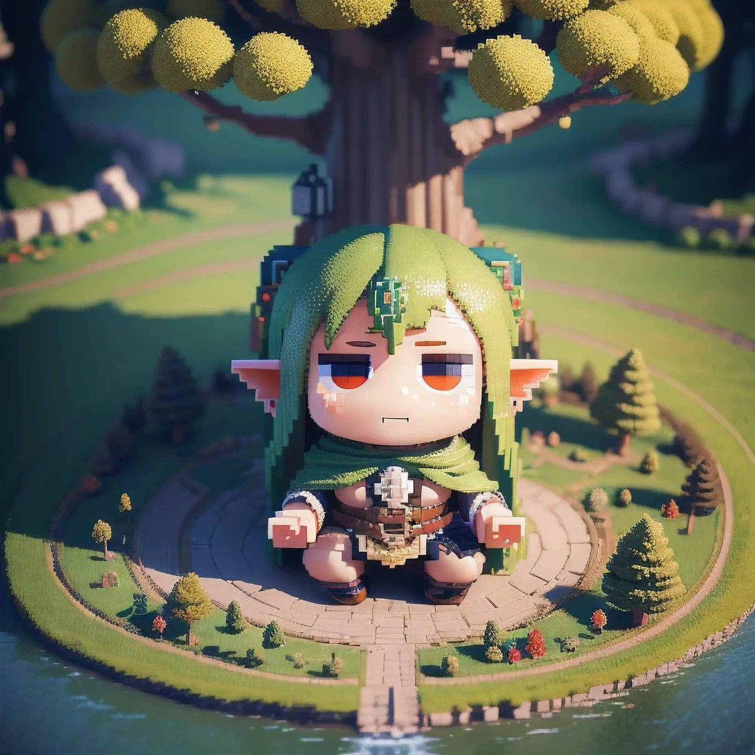 voxels,(3d big pixel art),(3d pixel art:1.2), (many elves\((chibi:1.5),living daily life,eating food,washing clothes,talking each other,living on Yggdrasil\)),background\(Yggdrasil\(very huge tree,elf settlement\),forrest,beautiful lake around Yggdrasil\), BREAK ,quality\(8k,wallpaper of extremely detailed CG unit, ​masterpiece,hight resolution,top-quality,top-quality real texture skin,hyper realisitic,increase the resolution,RAW photos,best qualtiy,highly detailed,the wallpaper,cinematic lighting,ray trace,golden ratio\),isometric view,(3d pixel art),（（Large area tattoo color ，cartoon tattoo））