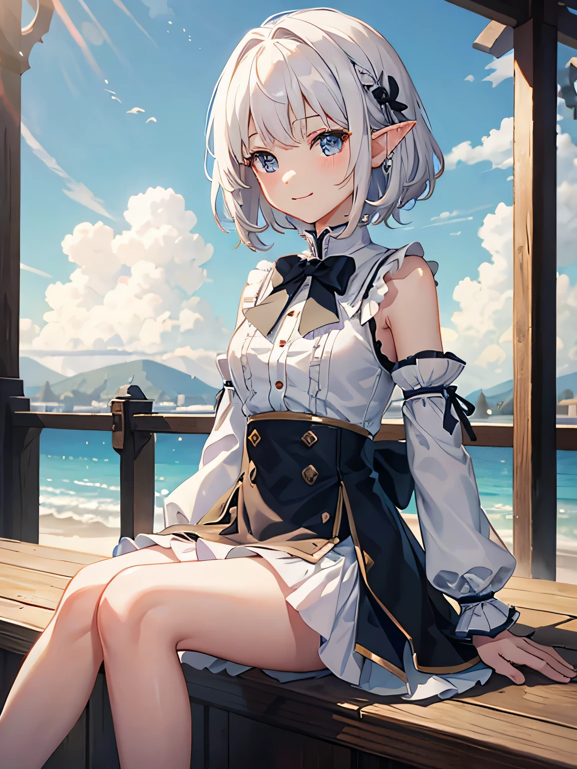 Masterpiece, best quality, high quality, very detailed CG uniform 8k wallpaper, sunlight, shiny hair, shainy eyes, temple, beautiful sky, clouds, 1girl, ten years old girl, chibi, elf, baby face, cute face, beautiful face, blush, smile, short white hair, blue eyes, white dress no sleeves, armpit, thigs, sitting