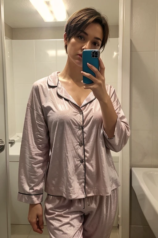 Medium-chested, short-haired woman taking a selfie in the bathroom wearing pajama clothes that look super realistic