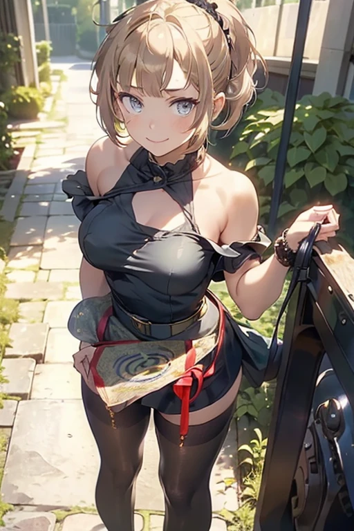 (masterpiece:1.2, top-quality), (realistic, photorealistic:1.4), beautiful illustration, (natural side lighting, movie lighting), (face focus,full body, from below),a 17 years old girl, japanese, high school girl, perfect face, perfect body, cute and symmetrical face, shiny skin, babyface,(short hair:1.6), (low ponytail:1.6), long sideburns, light brown hair), asymmetrical bangs, dark blue eyes, big eyes, drooping eyes, (small breasts, posed cleavage,seductive thighs, big ass), beautiful hair, beautiful face, beautiful detailed eyes, beautiful clavicle, beautiful body, beautiful chest, beautiful thigh, beautiful legs, beautiful fingers, (off-shoulder red dress:1.3), (sleeveless black:1.1),( brown tight mini skirt), emerald green hair ribbon), (beautiful scenery), morning, (street), standing, upper eyes, (with sparkling eyes and a contagious smile:1.2),looking at Viewer