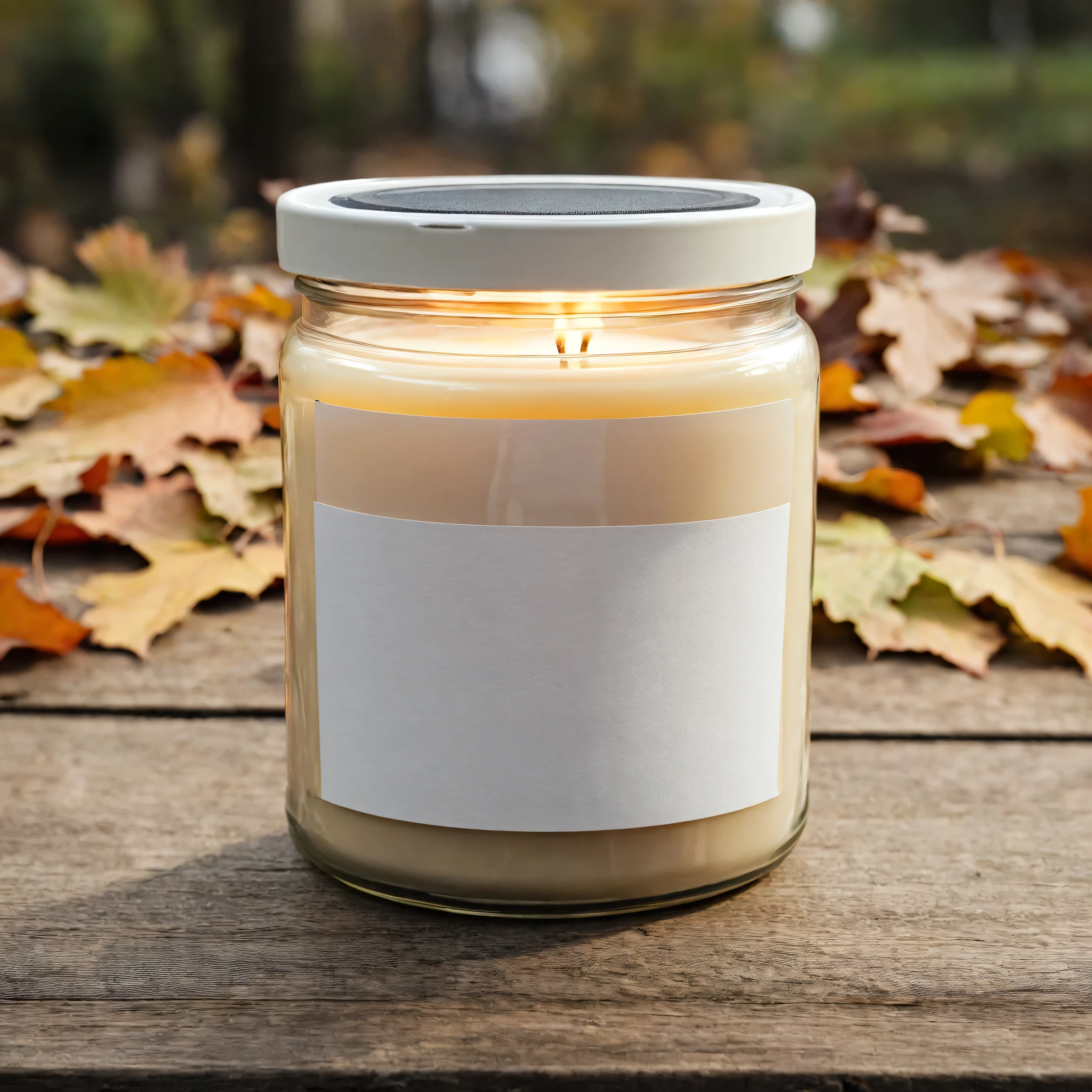 Mockup empty, a blank beige candle in a jar with white label and black lid standing on a rustic wooden surface, with autumn garden in the background, 