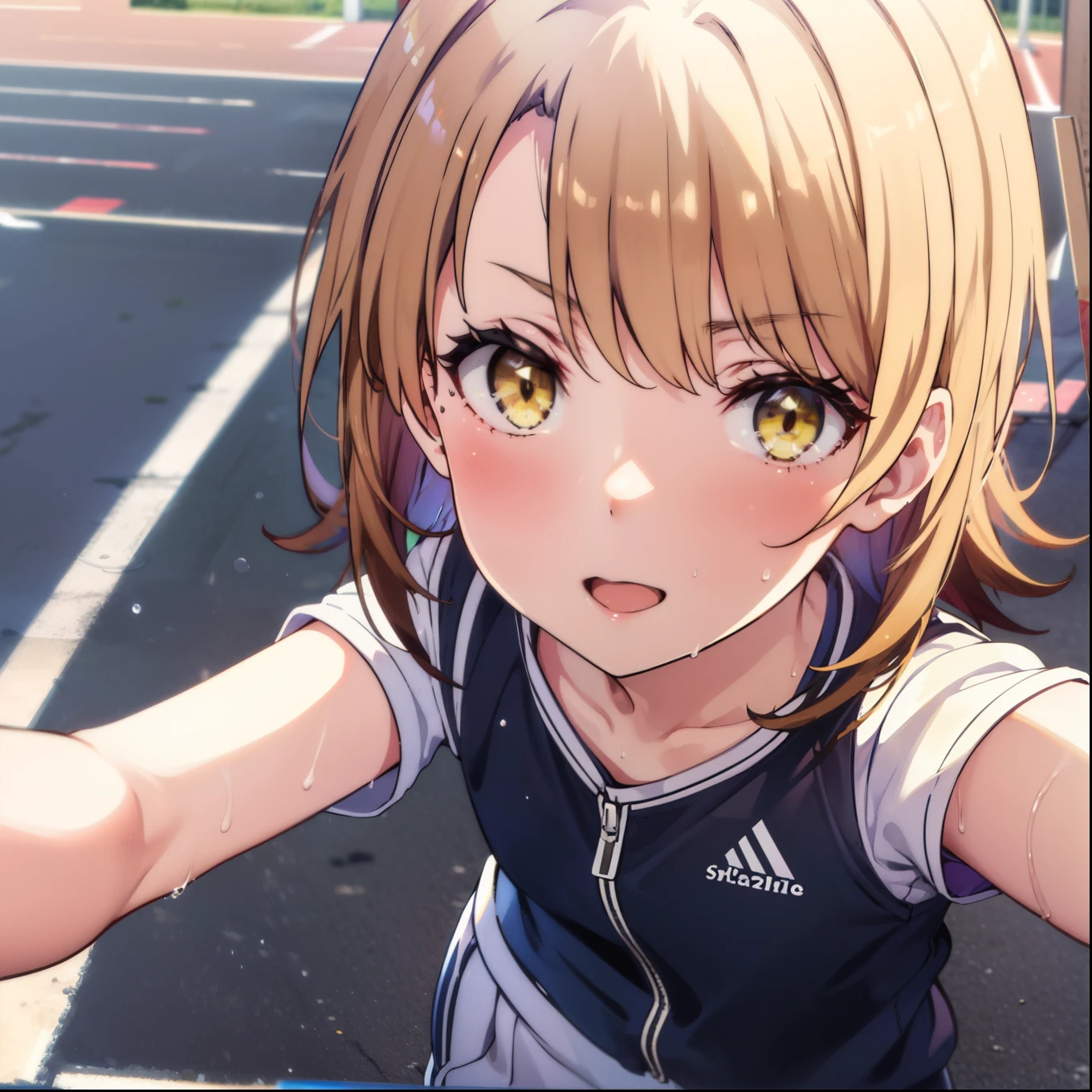 irohaisshiki, iroha isshiki, short hair, Brown Hair, (Brown eyes:1.5), smile,Open your mouth,Sweat,Wet Skin,Wet clothes,Sportswear,Bloomers,sneakers,So that the whole body goes into the illustration,running,Looking down from above,Taking a selfie from above,
Destroy outdoors, School　playground,
壊す looking at viewer,Systemic
break (masterpiece:1.2), highest quality, High resolution, unity 8k wallpaper, (figure:0.8), (Beautiful fine details:1.6), Highly detailed face, Perfect lighting, Highly detailed CG, (Perfect hands, Perfect ???????),