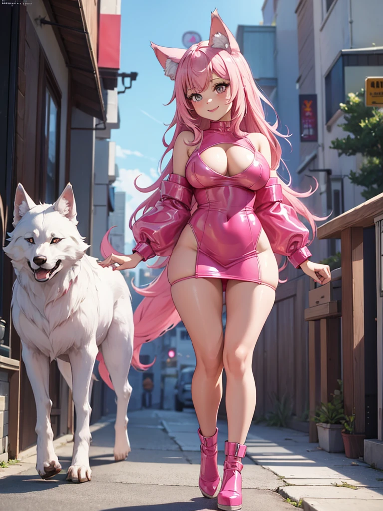 Happy , with wolf ears and pink hair, holding her cheeks, wolf tail, wearing a latex dress, looking at veiwer, full body, you can see her chest, naked breasts
