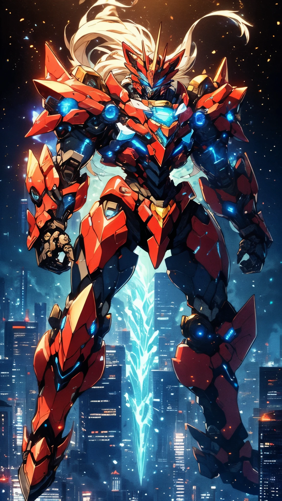 Humanoid Mecha, fully enclosed shoulder guards, matching arm and leg guards, full body, full armor, super robot, the design balances heavy with agility, (the color scheme is primarily white with red and blue accents, the concept Inspired by super robot, Lion concept chest armor, pose, standing, floating high above the futuristic sci-fi city), exquisite and mature art style, (aura effect, energy, glowing eyes, the armor glows), ((SRS)), metallic, dramatic, high definition, best quality, highres, ultra-detailed, ultra-fine painting, extremely delicate, professional, perfect body proportions, anatomically correct, symmetrical face, extremely detailed eyes and face, high quality eyes, creativity, RAW photo, UHD, 32k, Natural light, cinematic lighting, masterpiece-anatomy-perfect, masterpiece:1.5