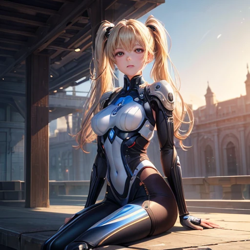 Super beautiful face, Mechanical body: 1.5, Online world background: 1.5, 19 years old, 150mm, Long Hair, Beautiful studio soft light, Crisp details, Beautiful background, Octane Rendering, 8k, highest quality, masterpiece, An illustration, So determined and beautiful, Very detailed, CG, Unity , wallpaper, (Realistic, photo-Realistic: 1.37), wonderful, In detail, learn, highest quality, Official Art, Very detailed CG Unity 8k wallpaper, robot, whole body, whole body shooting, Sitting Twin tails blonde Has a beam saber Attractive thighs The Enchanted Valley