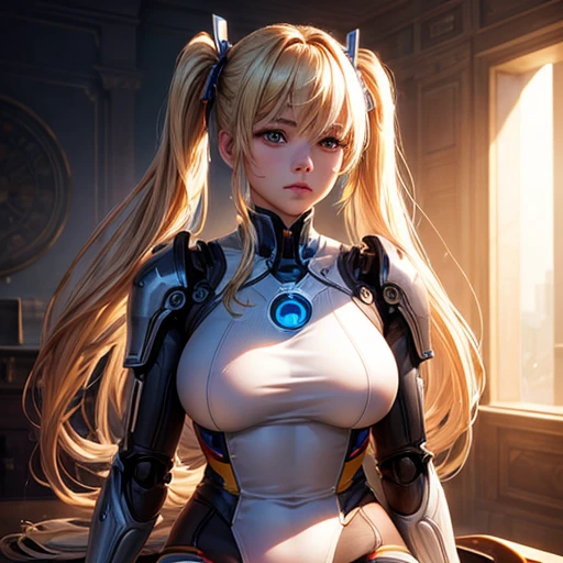 Super beautiful face, Mechanical body: 1.5, Online world background: 1.5, 19 years old, 150mm, Long Hair, Beautiful studio soft light, Vivid details, Beautiful background, Octane Rendering, 8k, highest quality, masterpiece, An illustration, So determined and beautiful, Very detailed, CG, Unity , wallpaper, (Realistic, photo-Realistic: 1.37), wonderful, In detail, Learning, highest quality, Official Art, Very detailed CG Unity 8k wallpaper, robot, whole body, whole body shooting, Sitting　Twin tails　Blonde　Has a beam saber　Alluring thighs