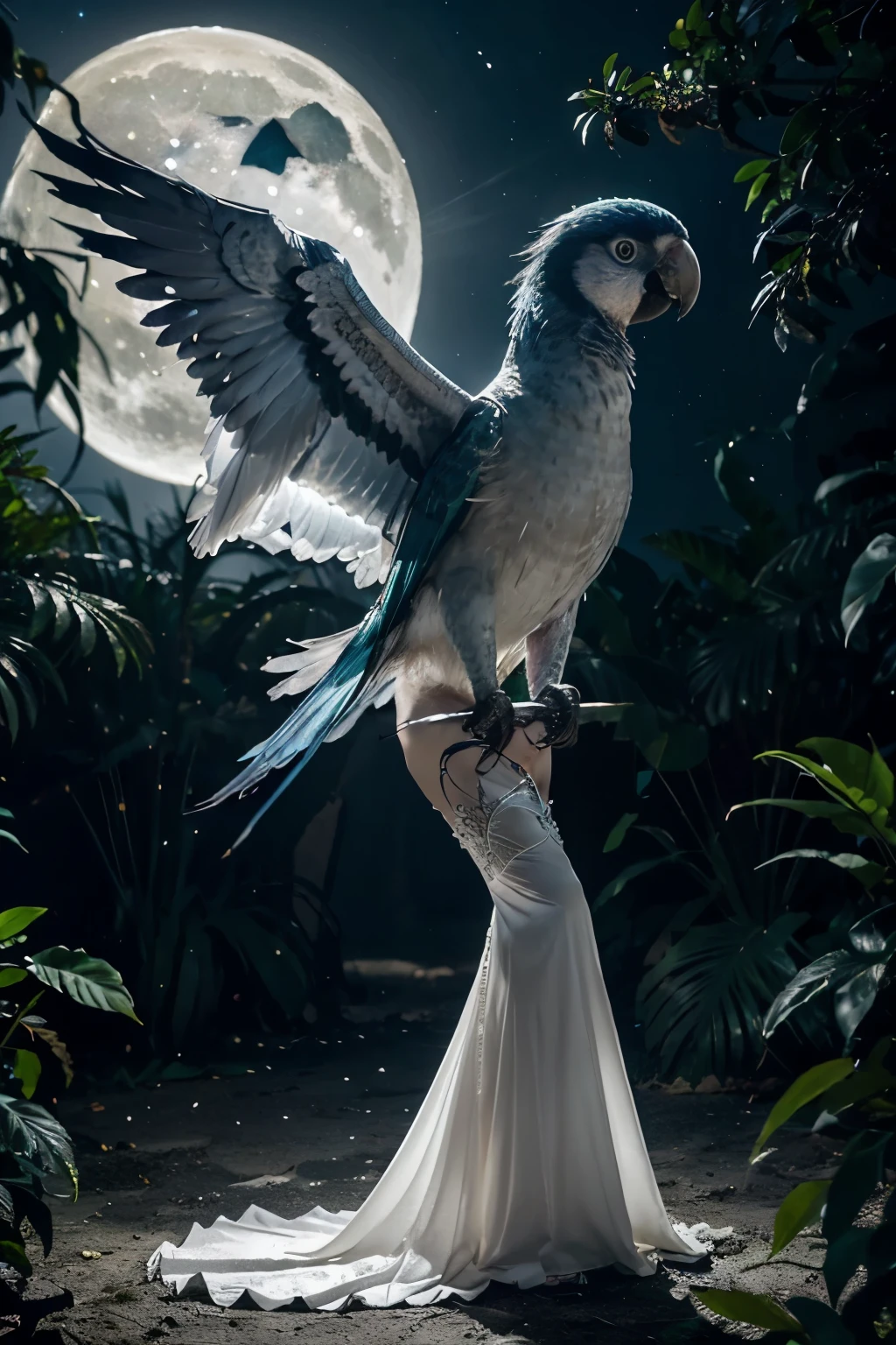 The Lunar Parrot is a captivating and otherworldly bird, standing out with its ethereal beauty and mystical charm.
- **Size and Shape**: It has a sleek and elegant body, slightly larger than a typical parrot, with a length of around 18 inches from head to tail.
- **Feathers**: The feathers are iridescent, shimmering in shades of blue, green, and silver, with a soft, moonlit glow. Each feather seems to change color subtly with the light, creating a dazzling display.
- **Crescent Mark**: On its chest, there is a distinctive crescent-shaped mark that glows softly, reminiscent of a crescent moon.
- **Eyes**: Its eyes are large and expressive, with a deep purple hue that glows faintly, giving it an almost magical appearance.
- **Beak and Claws**: The beak is slender and slightly curved, a pearly white in color. The claws are sharp and silver, with a slight shimmer.
- **Tail and Wings**: The wings are broad and powerful, with long primary feathers that have silver tips. The tail is long and tapered, with feathers that fan out elegantly, each feather having a delicate, star-like pattern.
- **Aura**: The Lunar Parrot emits a faint, calming light, creating an aura of tranquility around it.
### Pose
- **Perching**: The Lunar Parrot is perched gracefully on a moonlit branch, with its wings slightly spread as if ready to take flight. Its head is turned slightly, showcasing its enchanting eyes and the crescent mark on its chest.
### Background
- **Setting**: The background can be a mystical forest scene under a starry night sky, with bioluminescent plants and soft, glowing moss that add to the magical ambiance.
### Overall Appearance
- **Mystical and Elegant**: The overall appearance should convey a sense of mystery, elegance, and otherworldliness, highlighting the unique and enchanting qualities of the Lunar Parrot