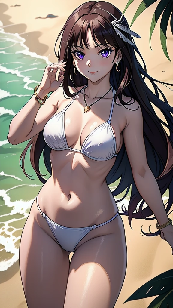 masterpiece, best quality, 1 solo girl, dark brown hair, purple eyes, long hair, medium breasts, sexy body and face, wavy hair, smile, white bikini, pendant, bracelet, jewelry, earrings, feather hair ornament, ball, lying at the sand, summer, sexy pose, cowboy shots, detailed body, face, and eyes, sharp focus, vibrant, creative, dynamic, high definition, high resolution, 8k, (Upscale: R-ESRGAN 4x+ Anime6mage enchance:4x), voluptuous body, cinema lightning, dakimakura style, looking at the viewer, hair ribbon