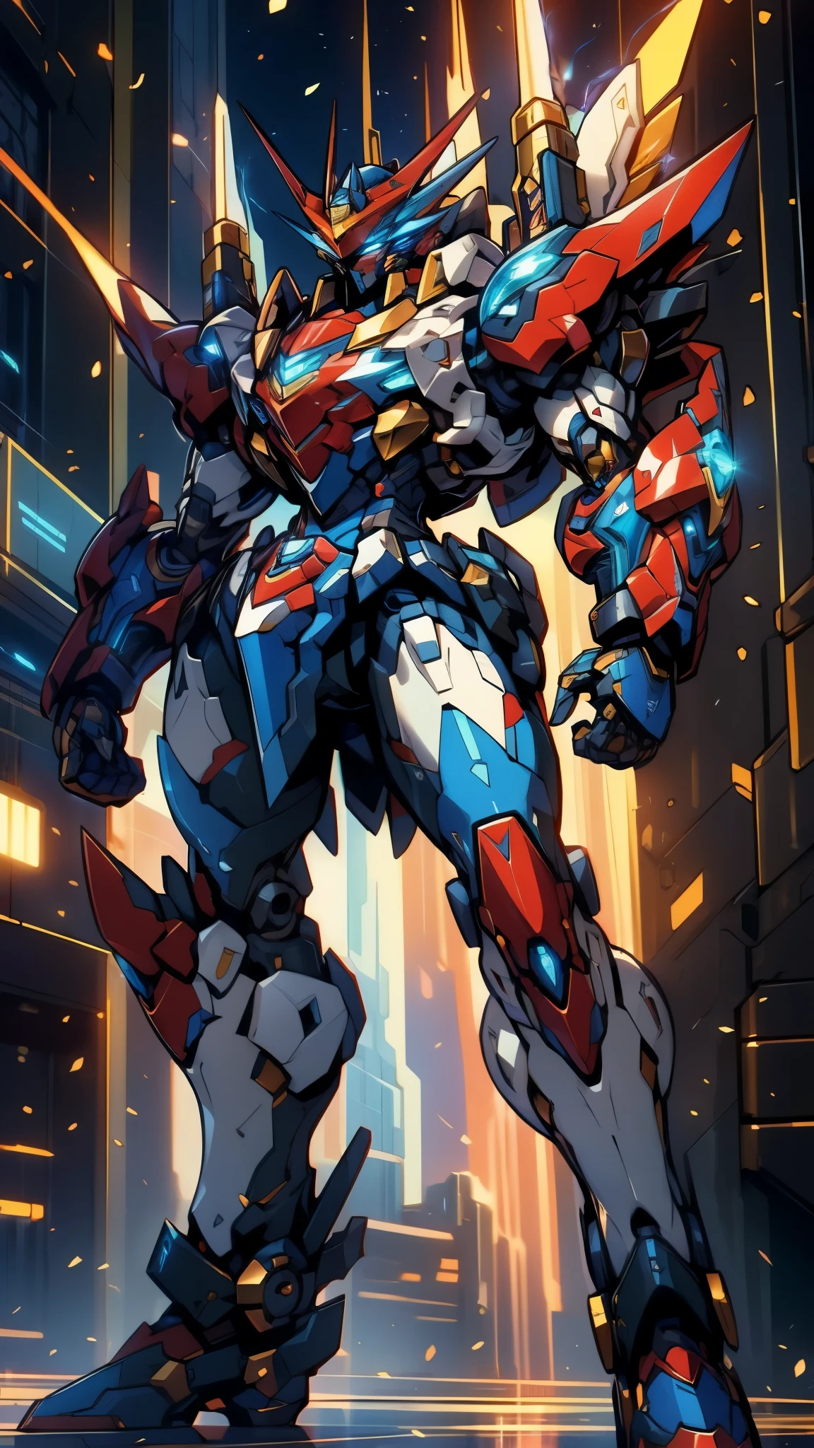 Humanoid Mecha, fully enclosed shoulder guards, matching arm and leg guards, full body, full armor, super robot, the design balances heavy with agility, (the color scheme is primarily white with red and blue accents, the concept Inspired by super robot, Lion concept chest armor, pose, standing, floating high above the futuristic sci-fi city), exquisite and mature art style, (aura effect, energy, glowing eyes, the armor glows), ((SRS)), metallic, dramatic, high definition, best quality, highres, ultra-detailed, ultra-fine painting, extremely delicate, professional, perfect body proportions, anatomically correct, symmetrical face, extremely detailed eyes and face, high quality eyes, creativity, RAW photo, UHD, 32k, Natural light, cinematic lighting, masterpiece-anatomy-perfect, masterpiece:1.5