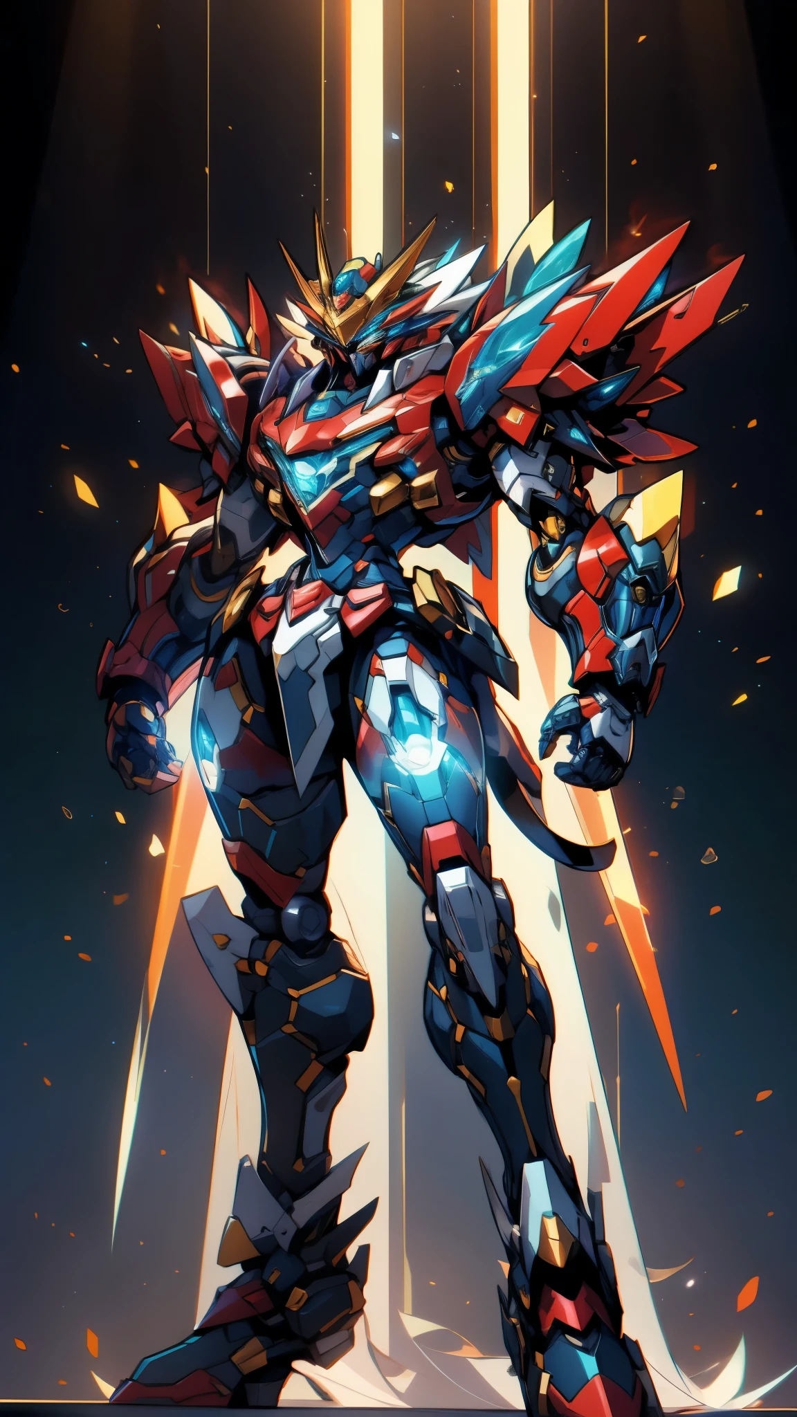 Humanoid Mecha, fully enclosed shoulder guards, matching arm and leg guards, full body, full armor, super robot, the design balances heavy with agility, (the color scheme is primarily white with red and blue accents, the concept Inspired by super robot, Lion concept chest armor, pose, standing, floating high above the futuristic sci-fi city), exquisite and mature art style, (aura effect, energy, glowing eyes, the armor glows), ((SRS)), metallic, dramatic, high definition, best quality, highres, ultra-detailed, ultra-fine painting, extremely delicate, professional, perfect body proportions, anatomically correct, symmetrical face, extremely detailed eyes and face, high quality eyes, creativity, RAW photo, UHD, 32k, Natural light, cinematic lighting, masterpiece-anatomy-perfect, masterpiece:1.5