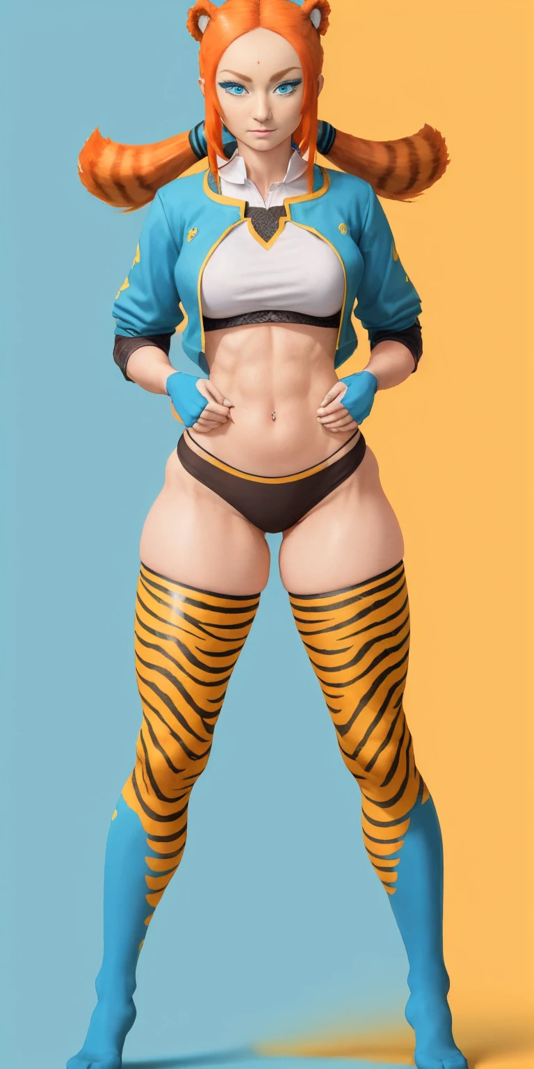 ((Masterpiece, plain background:1,2, masterpiece)) full body standing yellow tiger print stockings, hands on waist, navel (Karane) (blue eyes:1.5) orange hair, hair between eyes, long hair twintails