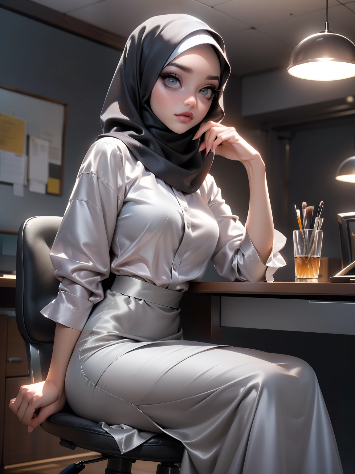 ((Masterpiece, best quality, photography, detailed skin, realistic, photo-realistic, 8k, highly detailed, full length frame, High detail RAW color art, diffused soft lighting, shallow depth of field, sharp focus, hyperrealism, cinematic lighting, hijab, a woman in a beautifully makeup, smokey eyeshadow, beautiful big eyes, long eye lashes, wearing (Dark pewter satin hijab), loosely tide hijab style, ((gray satin shirt)), satin long maxi skirt, sitting on office chair