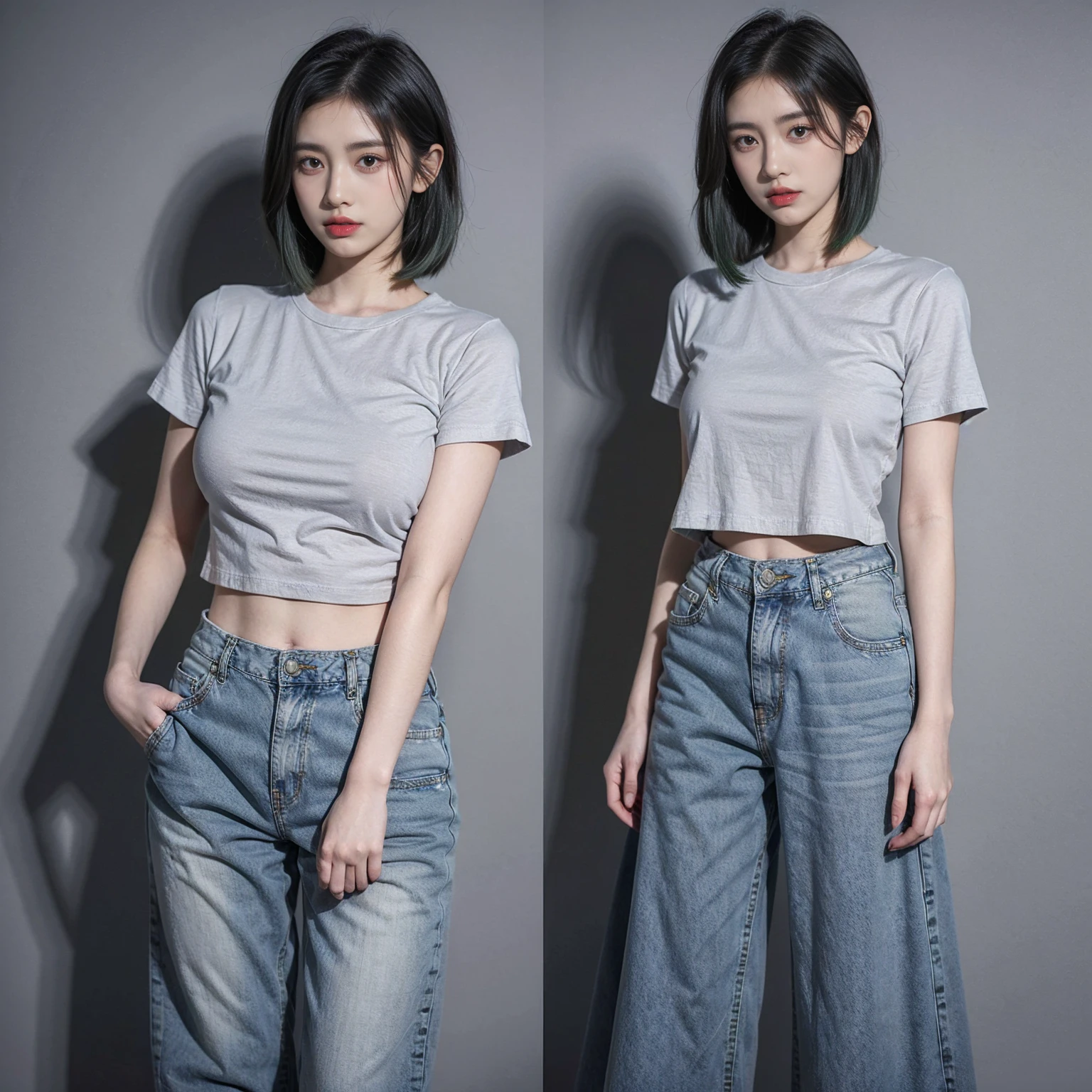 15yo girl, green hair, (bob Hair). Wearing dark green t-shirt, natural big breast, ((wearing gray denim pants)), standing pose, gray background