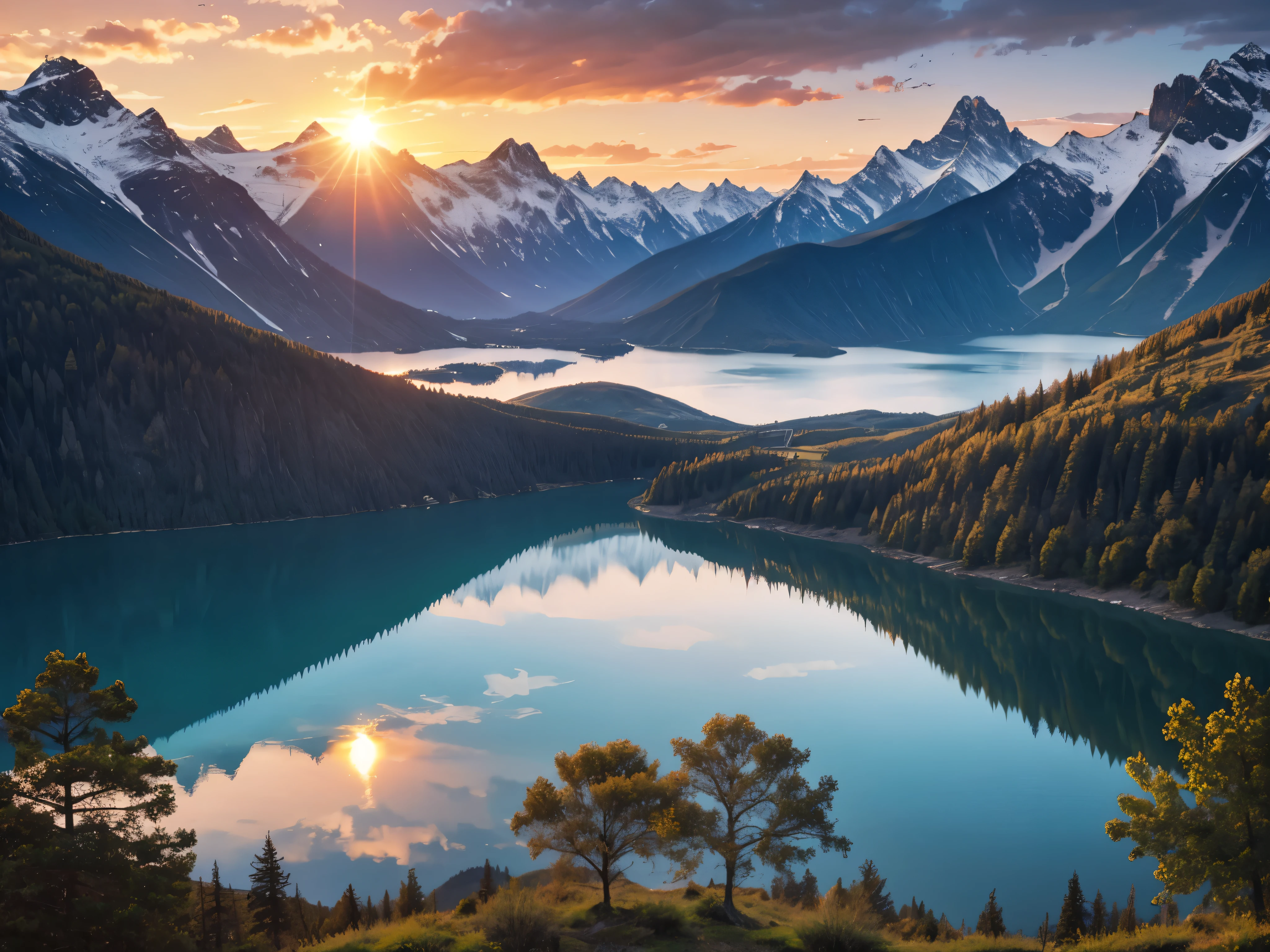A view of a sunset over a lake and mountains