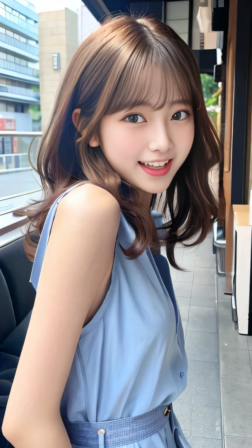 8k、highest quality、Like a real photo、masterpiece、Product quality, One Girl,, Young and beautiful woman in Japan, Long Bob Hair, attractive appearance,, High resolution, High detail, Detailed hairstyle, Detailed face, Great cinema lighting, Octane Rendering, Vibrant, Ultra-realistic, Perfect limbs, Perfect Anatomy、、her hair is light brown.、Cool clothes、In the background is a cafe terrace、Natural color lip、Attractive eyes、Eye color is blue、the ears are hidden by the hair、Double teeth、Yawn