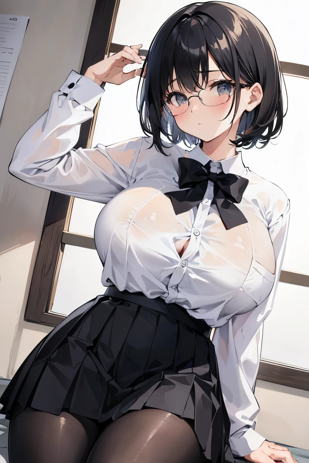 1 Japanese girl, glasses, blush, angle from the side, (slim body:1.2), (huge breasts:1.1), short hair, black hair, , white long sleeve shirt, pleated skirt, (black tights:1.1),