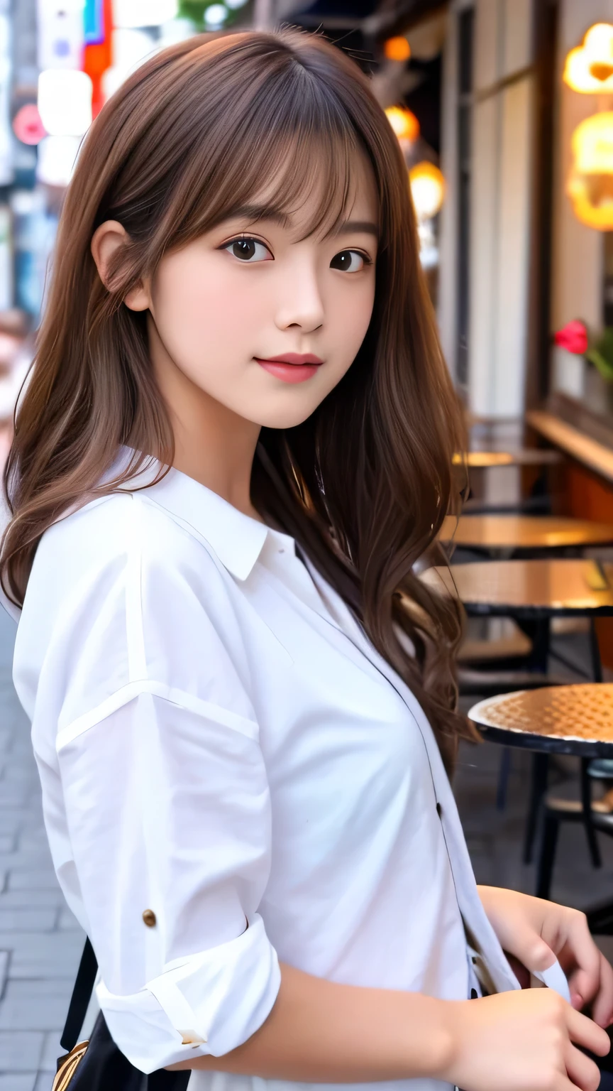 8k、highest quality、Like a real photo、masterpiece、Product quality, One Girl,, Young and beautiful woman in Japan, Long Bob Hair, attractive appearance,, High resolution, High detail, Detailed hairstyle, Detailed face, Great cinema lighting, Octane Rendering, Vibrant, Ultra-realistic, Perfect limbs, Perfect Anatomy、17 years old、her hair is light brown.、Cool clothes、In the background is a cafe terrace、A human who is a mix of a cat and a girl、Natural color lip、Attractive eyes、Cat color&#39;The ears are dark brown.、Eye color is blue、the ears are hidden by the hair、Double teeth、Yawn