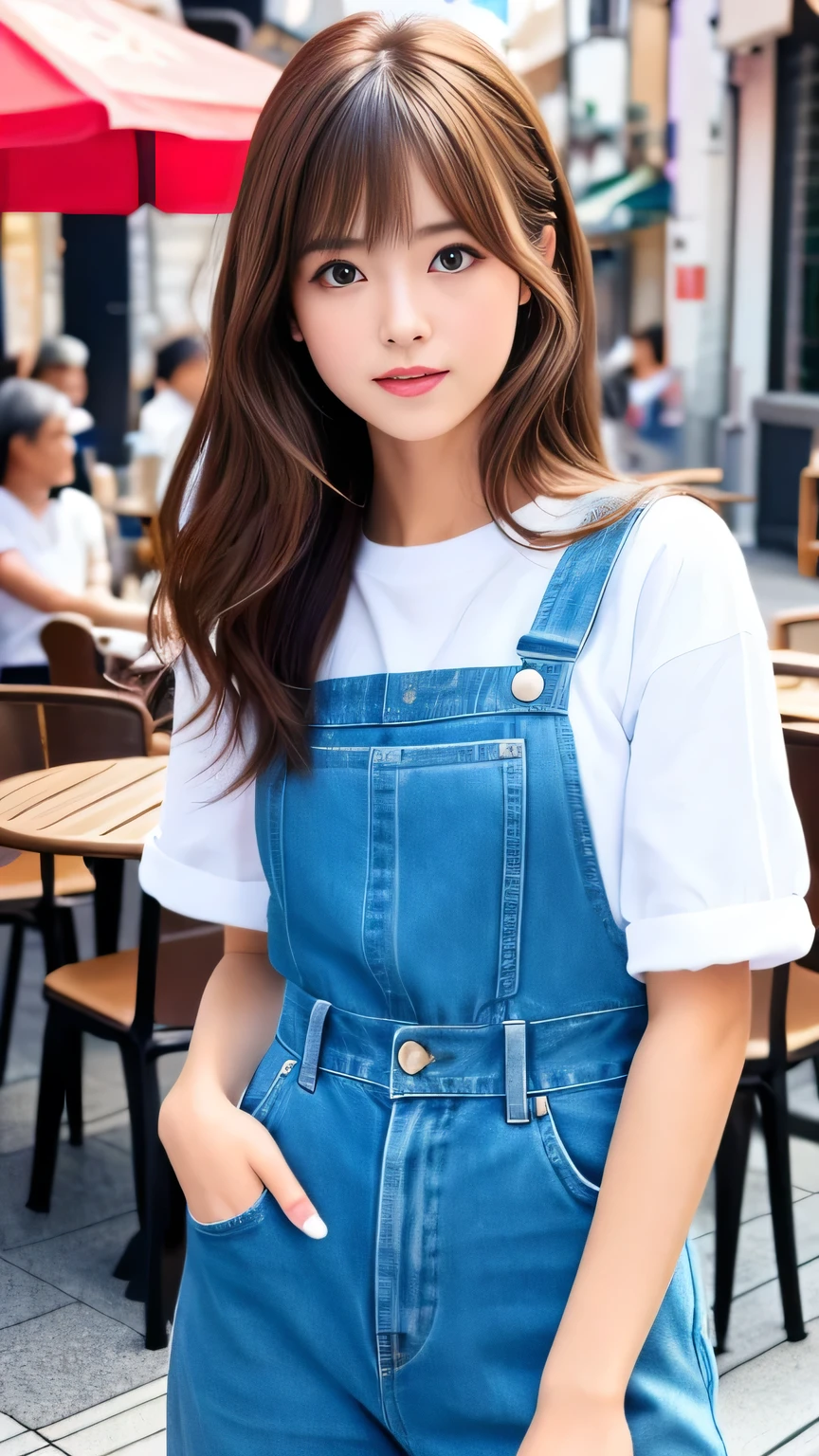8k、highest quality、Like a real photo、masterpiece、Product quality, One Girl,, Young and beautiful woman in Japan, Long Bob Hair, attractive appearance,, High resolution, High detail, Detailed hairstyle, Detailed face, Great cinema lighting, Octane Rendering, Vibrant, Ultra-realistic, Perfect limbs, Perfect Anatomy、17 years old、her hair is light brown.、Cool clothes、In the background is a cafe terrace、A human who is a mix of a cat and a girl、Natural color lip、Attractive eyes、Cat color&#39;The ears are dark brown.、Eye color is blue、the ears are hidden by the hair、Double teeth、Yawn