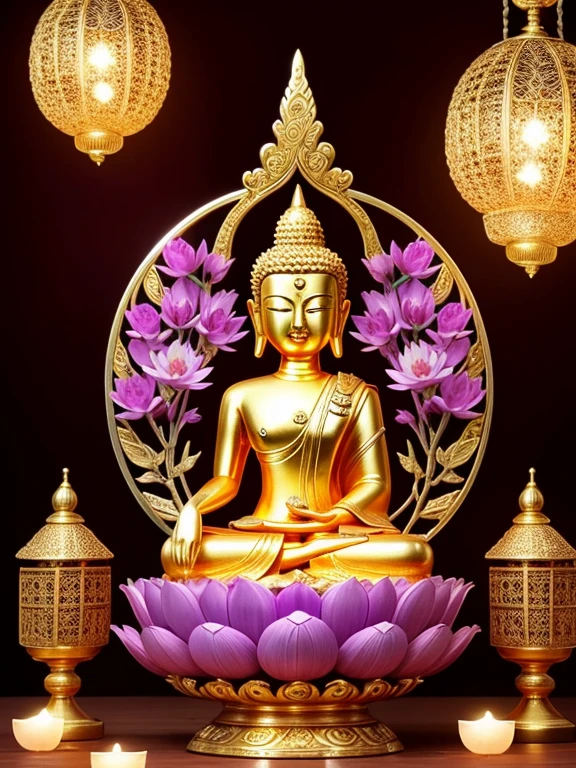 (Buddhist paradise、Gold Dust、Silver、Ruri、agate、Several large purple crystals)、Kannon Bodhisattva、Amitabha is coming、Golden aura shining、白Silver色の明るい世界、Flowers are blooming all over the place、Seated on a lotus pedestal、Official artwork、(masterpiece、highest quality、High resolution、8k)、The composition is excellent、