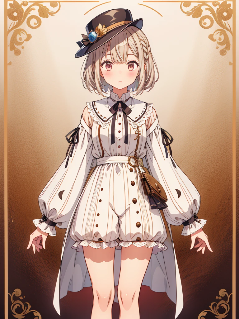 (((1girl)))、highest quality、vtuber-fullbody、Milky white short hair、Masterpiece、Official Art、The best composition、Sherlock Holmes costumes、Brown and dark brown checked herringbone hat、A poncho with the same pattern as the hat、White shirt and shorts with the same pattern as the hat、magnifying glass、Detective、A pocket watch hanging from his neck、Standing in front of the viewer、
