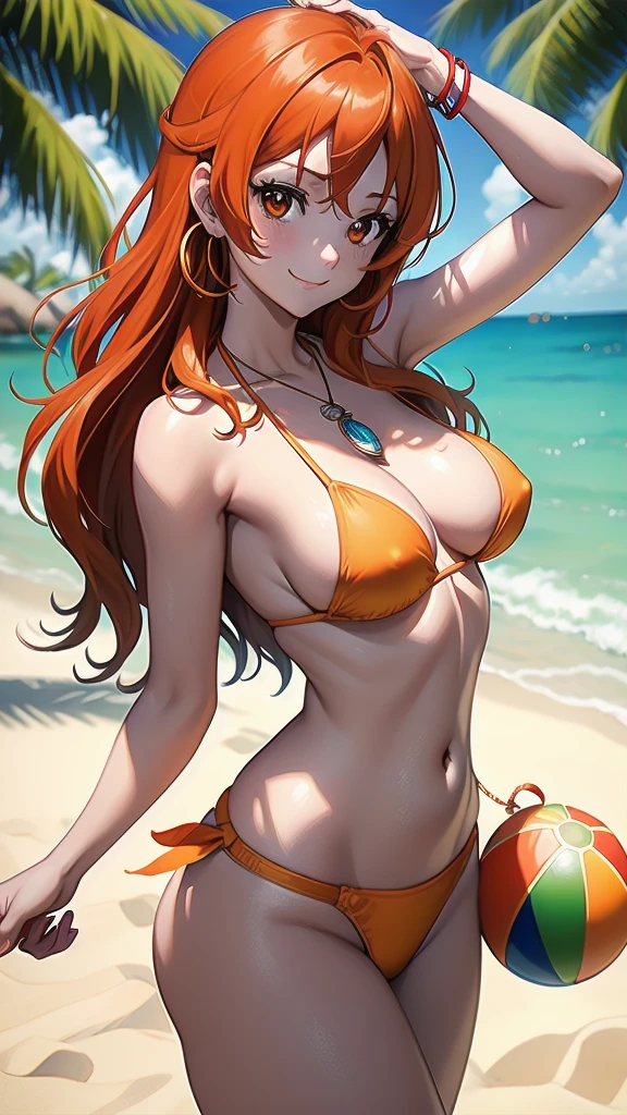 masterpiece, best quality, 1 solo girl, orange hair, orange eyes, long hair, medium breasts, sexy body and face, wavy hair, smile, white bikini, pendant, bracelet, jewelry, earrings, feather hair ornament, ball, lying at the sand, summer, sexy pose, cowboy shots, detailed body, face, and eyes, sharp focus, vibrant, creative, dynamic, high definition, high resolution, 8k, (Upscale: R-ESRGAN 4x+ Anime6mage enchance:4x), voluptuous body, cinema lightning, dakimakura style, looking at the viewer, hair ribbon