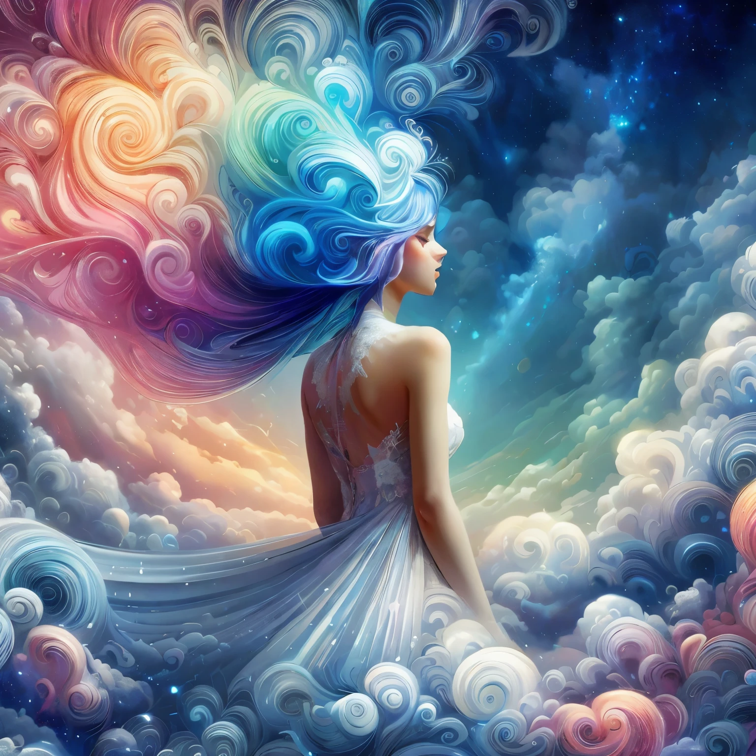 （tmasterpiece，top-quality，best qualityer，，offcial art，Beauty and aesthetics：1.2），（1girll：1.3），（s fractal art：1.3），The upper part of the body，Elegant dress，seen from the side，looking at viewert，（rainbow colour hair，The color hair，Half blue and half pink hair：1.2），Eau，liquids，​​clouds，Colorful，Starry，As estrelas，