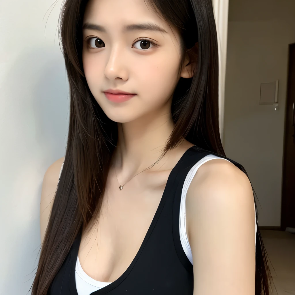 24 years Old woman, sleeveless shirt, cleavage, beauty face, Cute face, thin, long Sleek Straight hair style, medium breast, sad