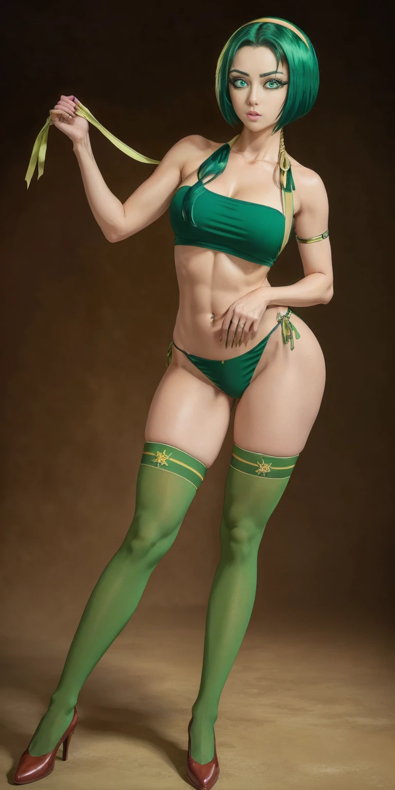 ((Masterpiece, plain background:1,2, masterpiece)) full body standing yellow tiger print stockings, hands on waist, navel (Akimoto Komachi) (green eyes:1.5) green hair, short hair, hair band, hair ribbon