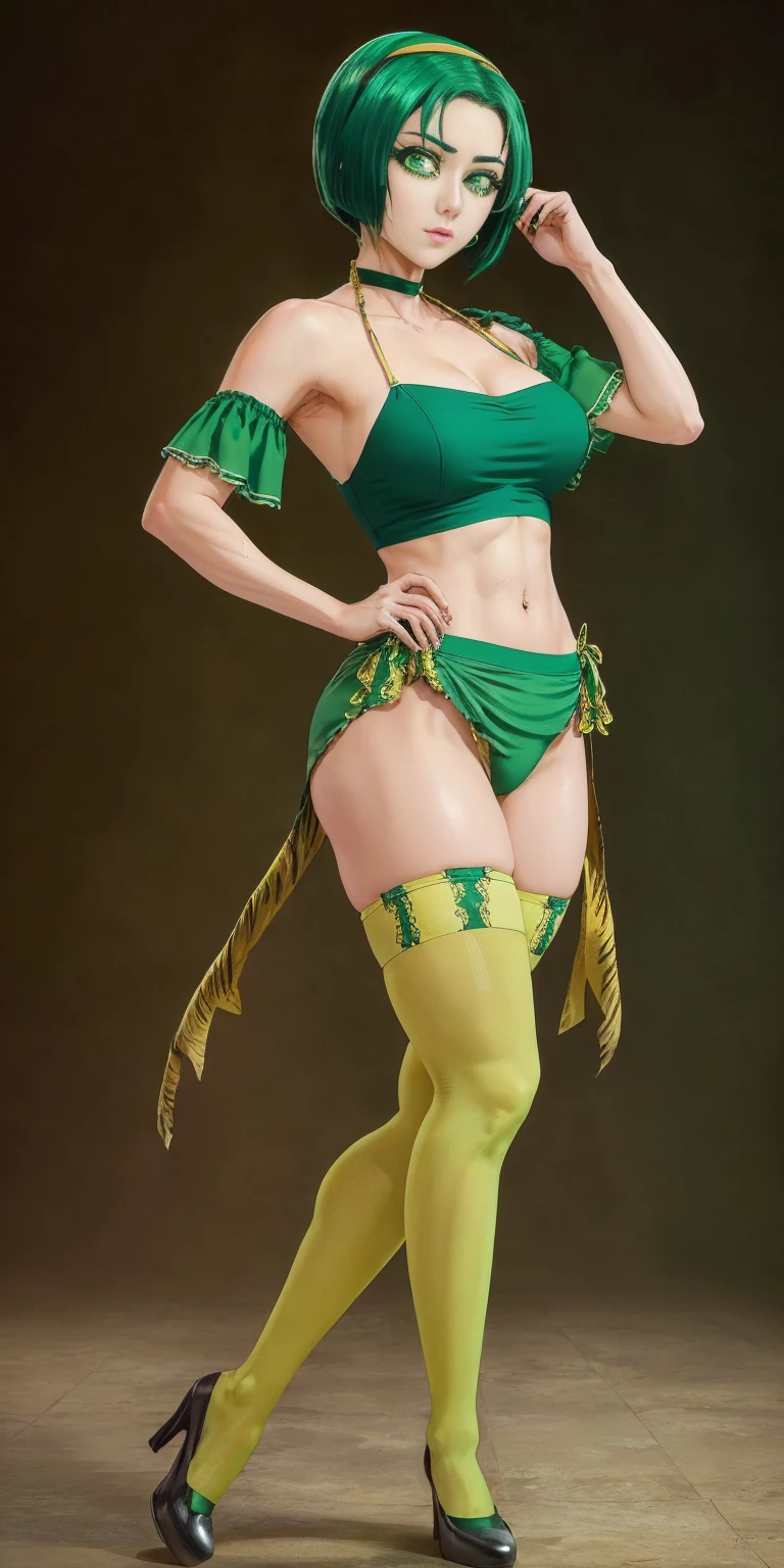 ((Masterpiece, plain background:1,2, masterpiece)) full body standing yellow tiger print stockings, hands on waist, navel (Akimoto Komachi) (green eyes:1.5) green hair, short hair, hair band, hair ribbon