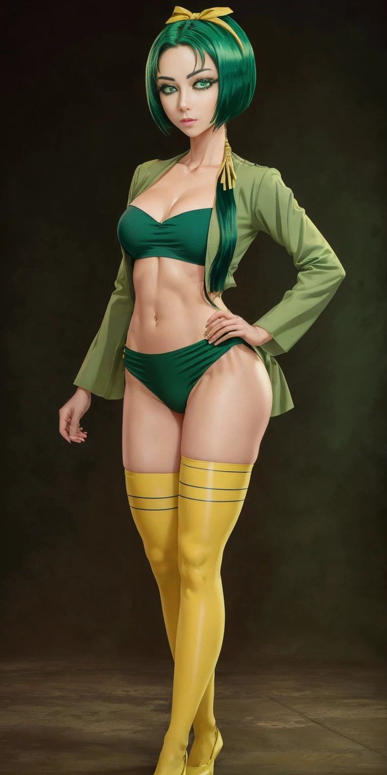 ((Masterpiece, plain background:1,2, masterpiece)) full body standing yellow tiger print stockings, hands on waist, navel (Akimoto Komachi) (green eyes:1.5) green hair, short hair, hair band, hair ribbon
