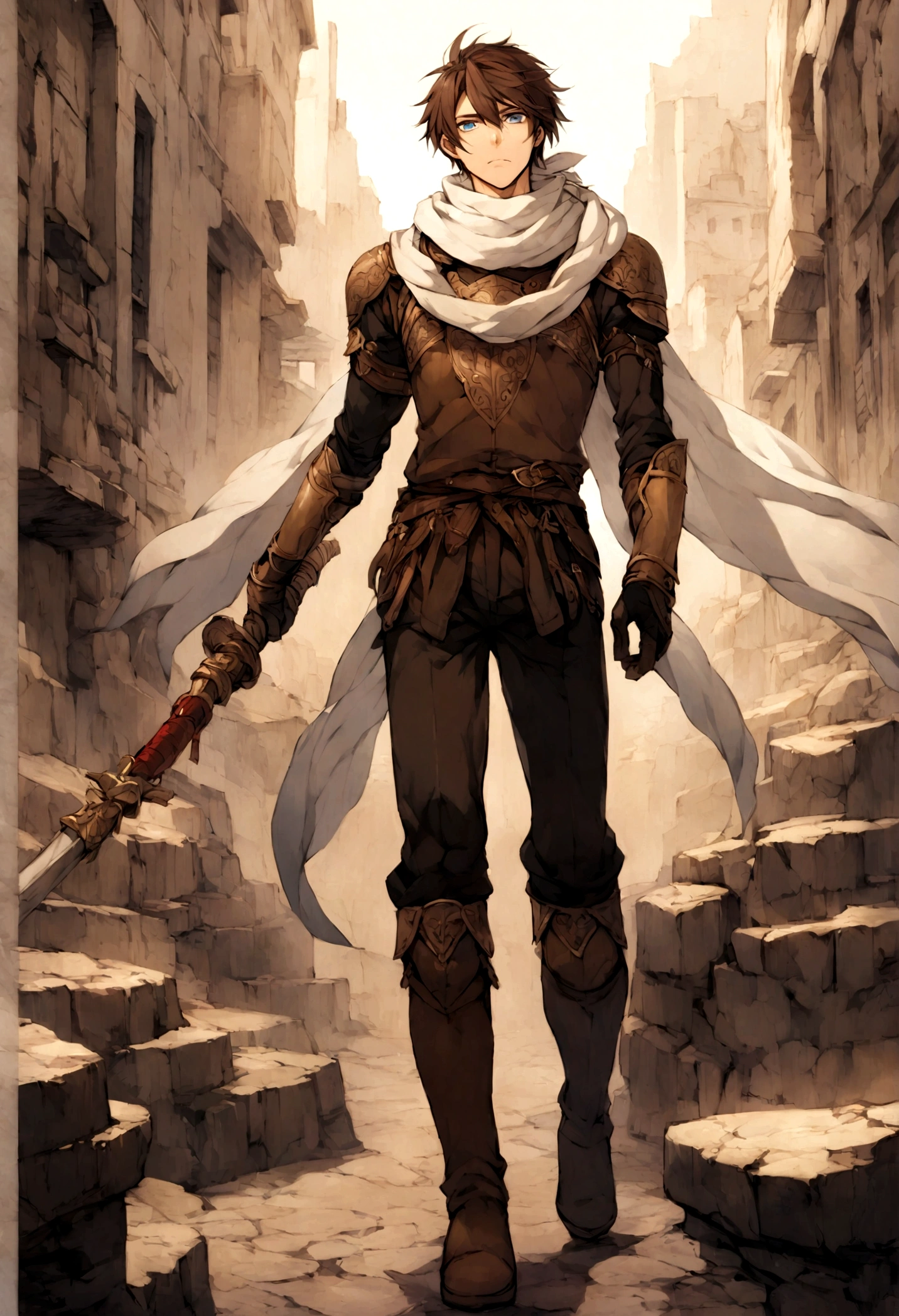 on me:
Appearance: Young man in his early twenties, tall and athletic.
Hair: Dark brown hair, medium length, blowing elegantly in the wind.
Eyes: Bright blue eyes that reflect his courage and purity of heart.
Clothing: He wears light brown leather armor with a white scarf around his neck, dark pants, and sturdy boots.
Additional Details: He owns a traditional sword decorated with ancient lettering, and his design and hilts appear on it.
