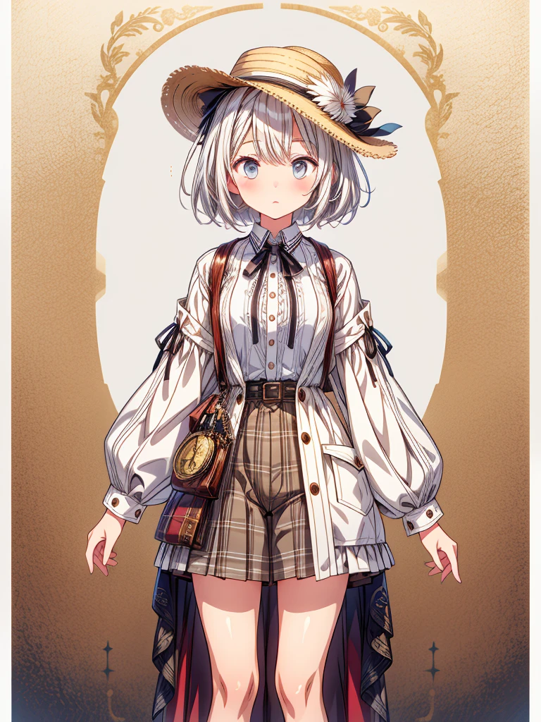 (((1girl)))、highest quality、vtuber-fullbody、Milky white short hair、Masterpiece、Official Art、The best composition、Sherlock Holmes costumes、Brown and dark brown checked herringbone hat、A poncho with the same pattern as the hat、White shirt and shorts with the same pattern as the hat、magnifying glass、Detective、A pocket watch hanging from his neck、Standing in front of the viewer、