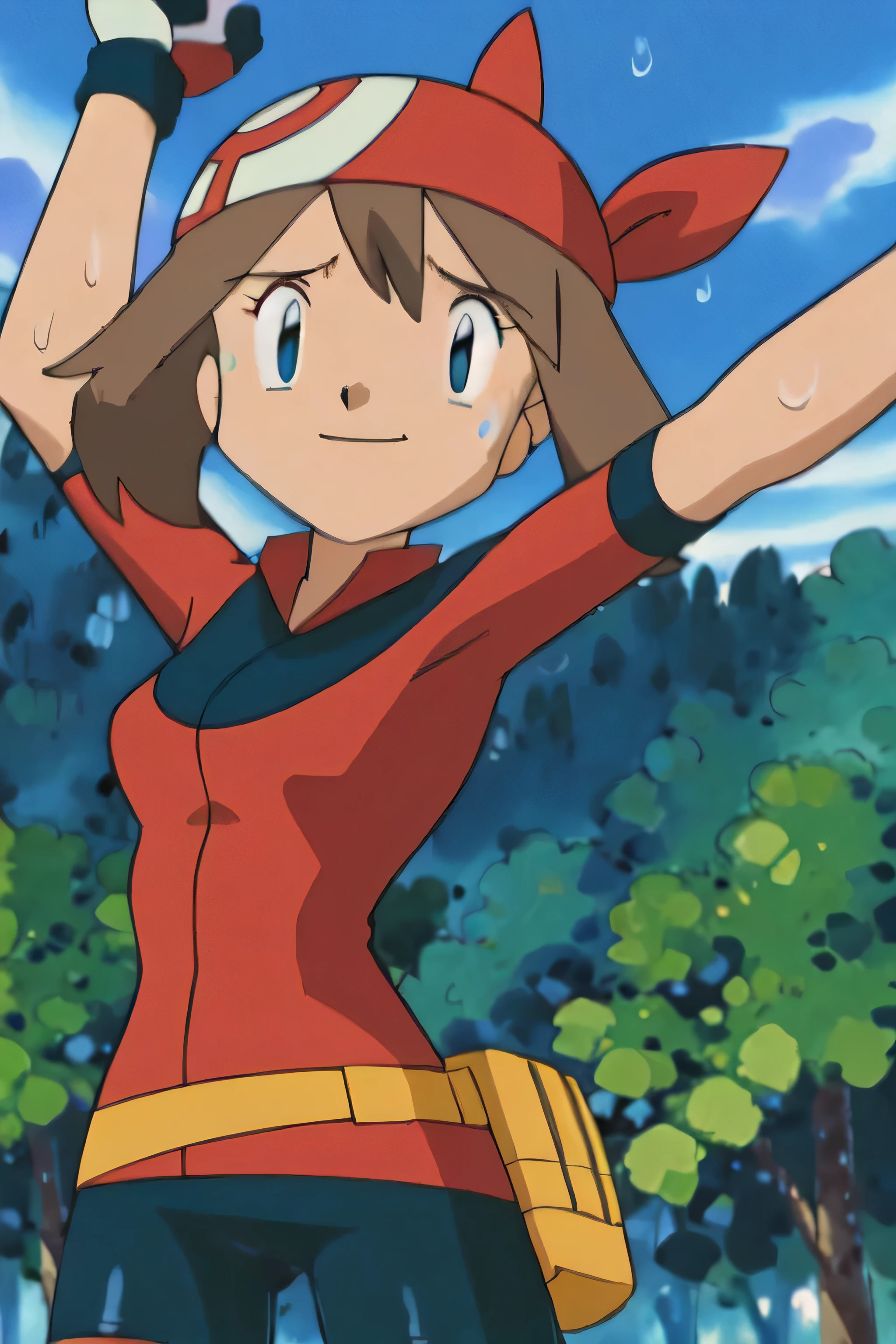 May, sleeveless,red top,sweating,smiling,forest in background, village, blue sky,moderately sized breasts, high quality, masterpiece mature appearance,armpits,sweat,sweaty,sweaty armpits,arms up,showing armpits,awesome armpits,outfit,blackish red arm warmers,maroon arm bands, maroon arm warmers,both arms raised