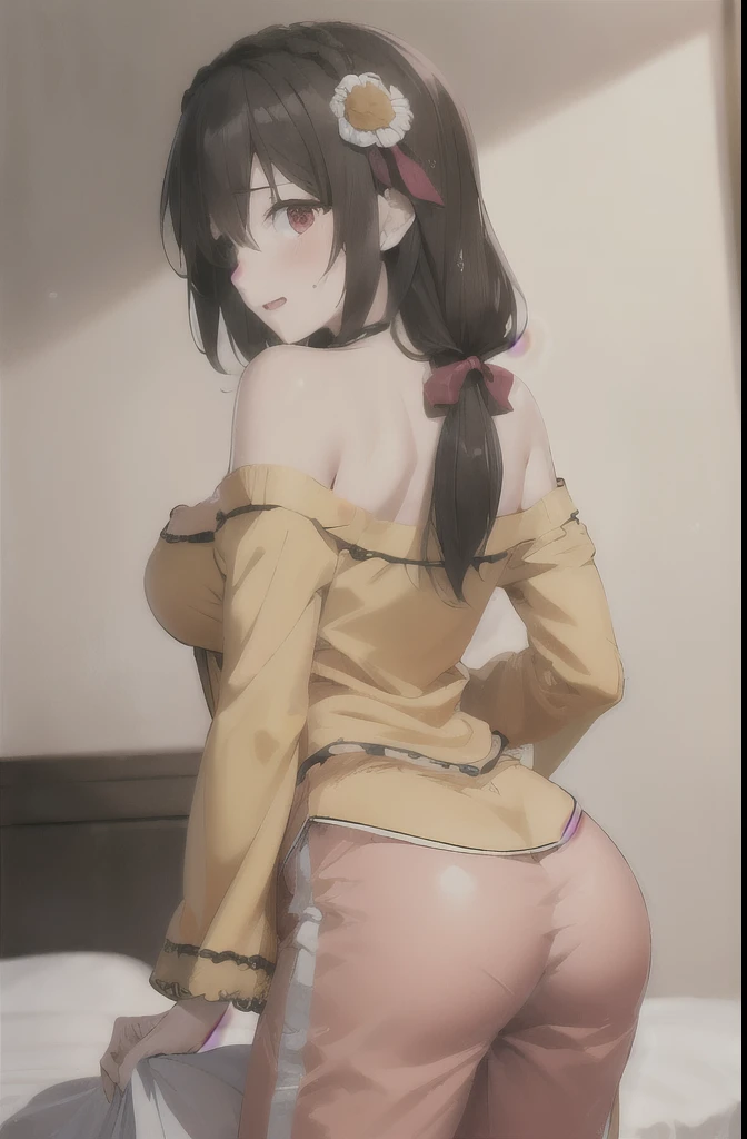 masterpiece,highest quality,High resolution,Very detailed,yes,Long Hair,Braiding,Twin tails,Hair between the eyes,Hair Ribbon,hair ornaments,slightly larger breasts,(Yellow off-the-shoulder pajamas with white sleeves:1.2),bed,A blushing, shy smile,Pink Pants,No pants,Sweat,Wet,Red Eyes.Side view,Look back、Open your mouth a little