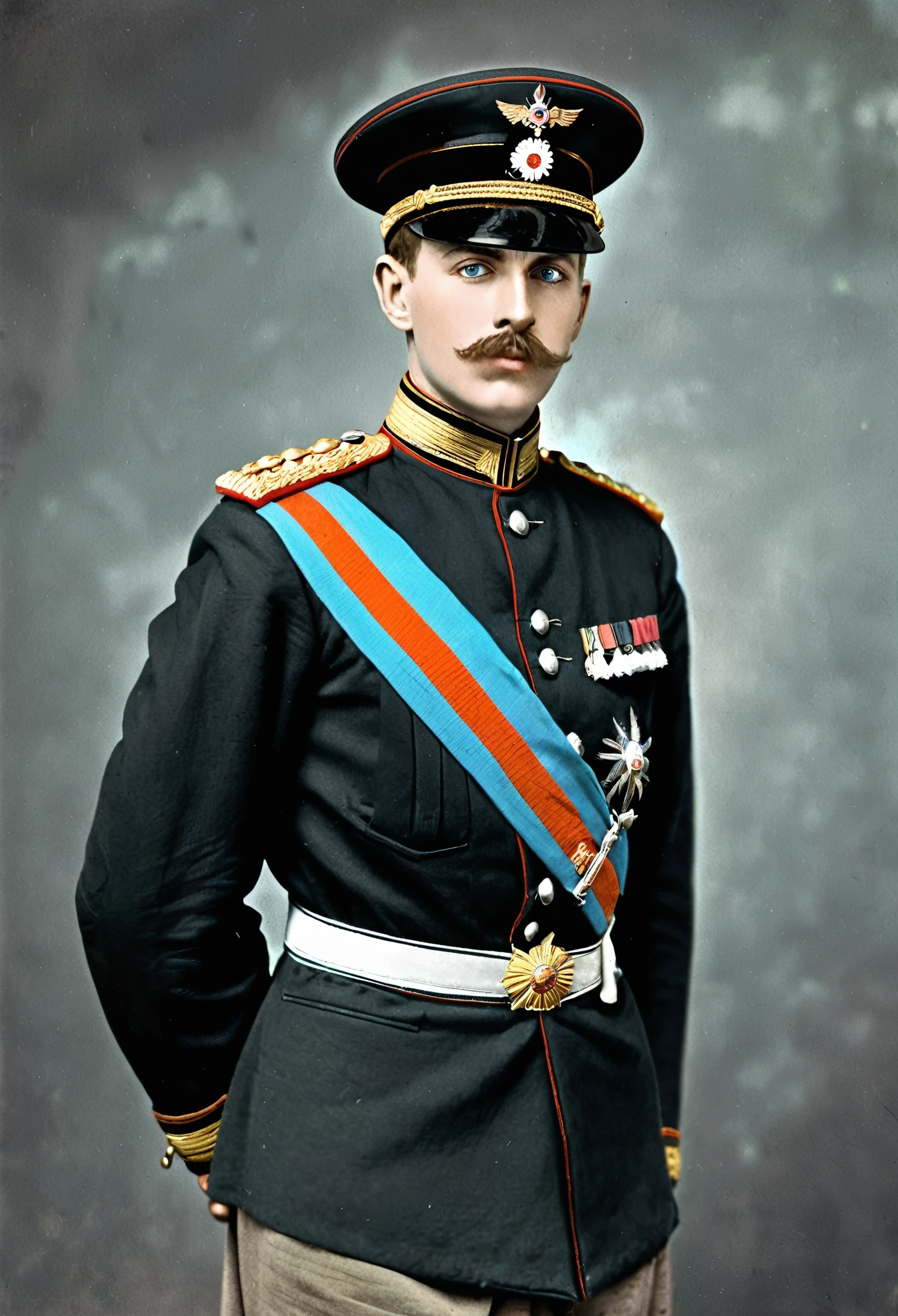 arafed image of a man in a uniform posing for a picture, award winning colorized photo, imperial russia, wearing russian ww 1 clothes, russian ww 1, young tsar, in black military uniform, in military uniform, a colorized photo, great emperor of russian empire, colourized, in full military garb, colorized, imperial military, in a soldier uniform